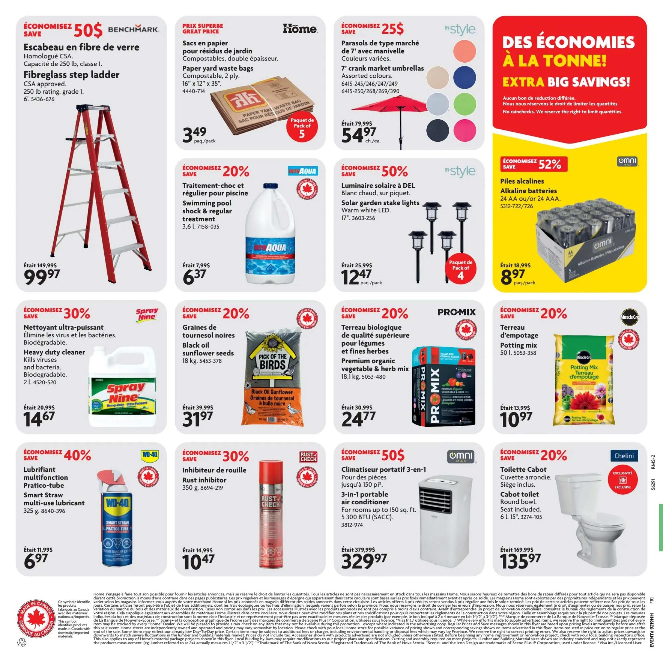 Home Hardware flyer page 2 features a 50% saving on a fibreglass step ladder, originally $149.99, now $99.97. Also available are paper yard waste bags for $3.49/pack, 7' crank market umbrellas in assorted colours for $54.97 each (save $25), and Omni alkaline batteries (24 AA or 24 AAA) for $8.97/pack with a 52% saving. Other deals include 20% off swimming pool shock & regular treatment for $6.37, 30% off Spray Nine heavy duty cleaner for $14.67, 20% off black oil sunflower seeds for $31.97, Promix premium organic vegetable & herb mix for $24.77 (save 20%), and Miracle-Gro potting mix for $10.97 (save 20%). Additionally, save 40% on WD-40 Smart Straw multi-use lubricant for $6.97, 30% off Rust Check rust inhibitor for $10.47, 50% off a 3-in-1 portable air conditioner for $329.97, and 20% off a Chelini cabot toilet for $135.97.