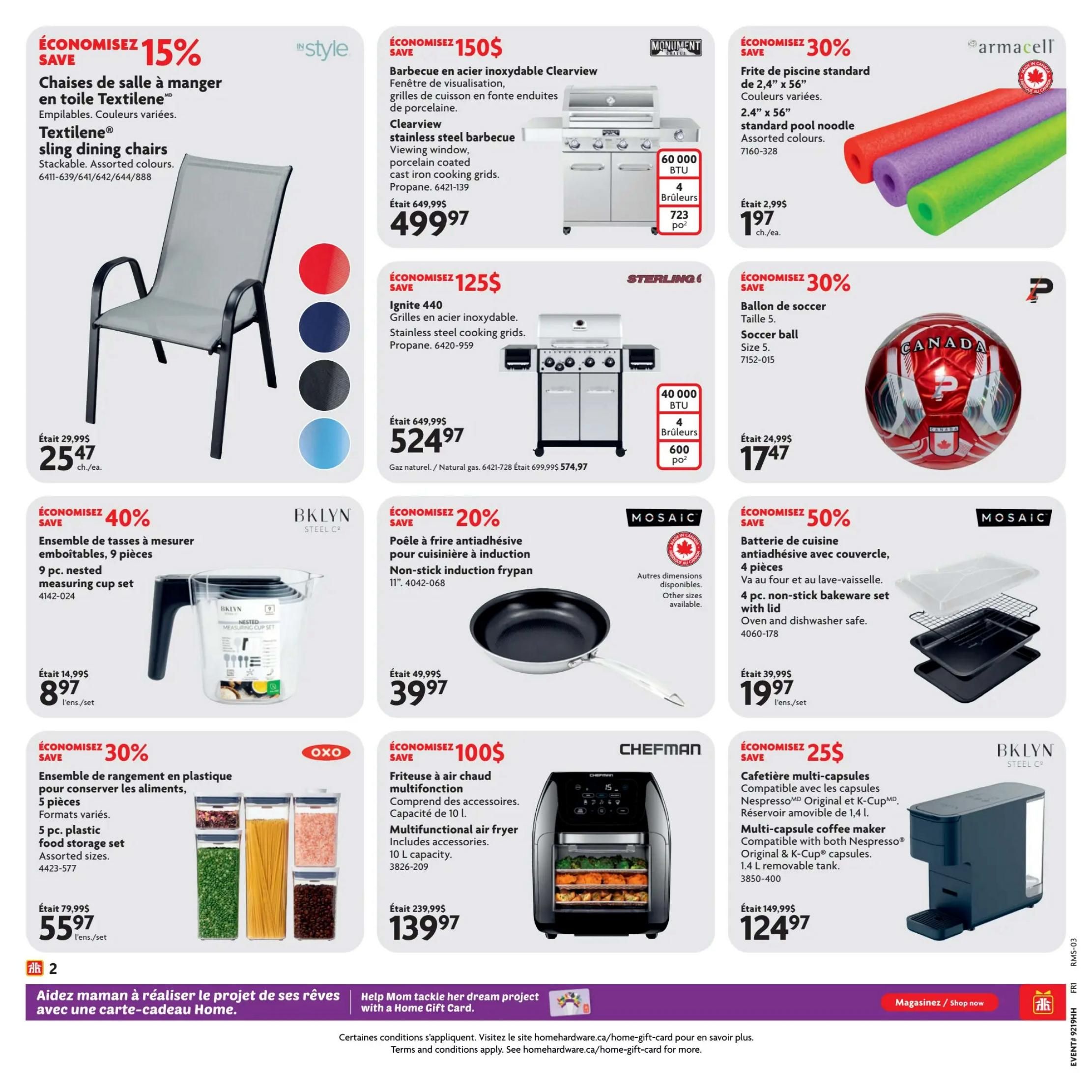 Home Hardware flyer page 3 features a 15% discount on Textilene sling dining chairs, now $25.47 each. Save $150 on a Clearview stainless steel barbecue with viewing window, priced at $499.97. Get a 2.4' x 56' standard pool noodle in assorted colours for $1.97 each, with a 30% saving. Also on sale is the Ignite 440 stainless steel barbecue for $524.97. A soccer ball (Size 5) is available for $17.47, saving 30%. Save 40% on a 9 pc. nested measuring cup set, now $8.97 per set. A non-stick induction frypan (11') is on sale for $39.97, with a 20% discount. Save 50% on a 4 pc. non-stick bakeware set with lid, priced at $19.97 per set. A 5 pc. plastic food storage set from OXO is 30% off, selling for $55.97 per set. A Chefman multifunctional air fryer with 10 L capacity and accessories is $100 off, now $139.97. Finally, a BKLYN multi-capsule coffee maker compatible with Nespresso Original and K-Cup capsules is 25% off, priced at $124.97.