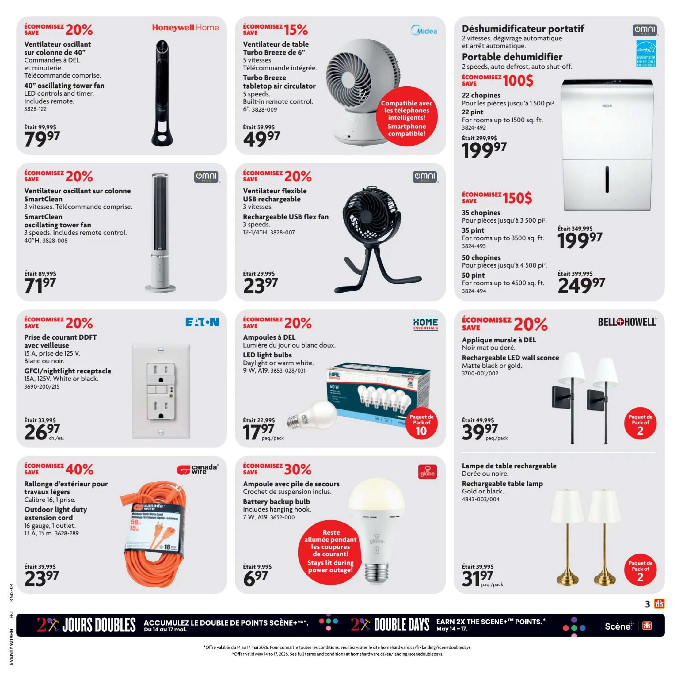 Home Hardware flyer page 4 features a variety of home goods. Save 20% on a Honeywell Home 40' oscillating tower fan with LED controls and remote, now $79.97. Also save 20% on a SmartClean 40' oscillating tower fan with 3 speeds and remote, priced at $71.97. Midea offers a Turbo Breeze 6' tabletop air circulator with 5 speeds and remote control for $49.97, a 15% saving. Omni offers a portable dehumidifier for $199.97 (save $100) for rooms up to 1500 sq. ft., and a larger 35 pint model for $199.97 (save $150) for rooms up to 3500 sq. ft., and a 50 pint model for $249.97 for rooms up to 4500 sq. ft. Omni also has a rechargeable USB flex fan for $23.97. Save 20% on Eaton GFCI/nightlight receptacles, 15A, 125V, in white or black, for $26.97 each. Home Essentials LED light bulbs (daylight or warm white, 9W) are on sale for $17.97 per pack of 10. Bell+Howell offers rechargeable LED wall sconces in matte black or gold for $39.97 per pack of 2. Canada Wire has an outdoor light duty extension cord, 16 gauge, 1 outlet, 13A, 15m, on sale for 40% off at $23.97. Globe offers a battery backup bulb with hanging hook for $6.97, saving 30%. Finally, a rechargeable table lamp in gold or black is available for $31.97 per pack of 2. The bottom of the page highlights '2X Double Days' for Scene+ points from May 14 to May 17.