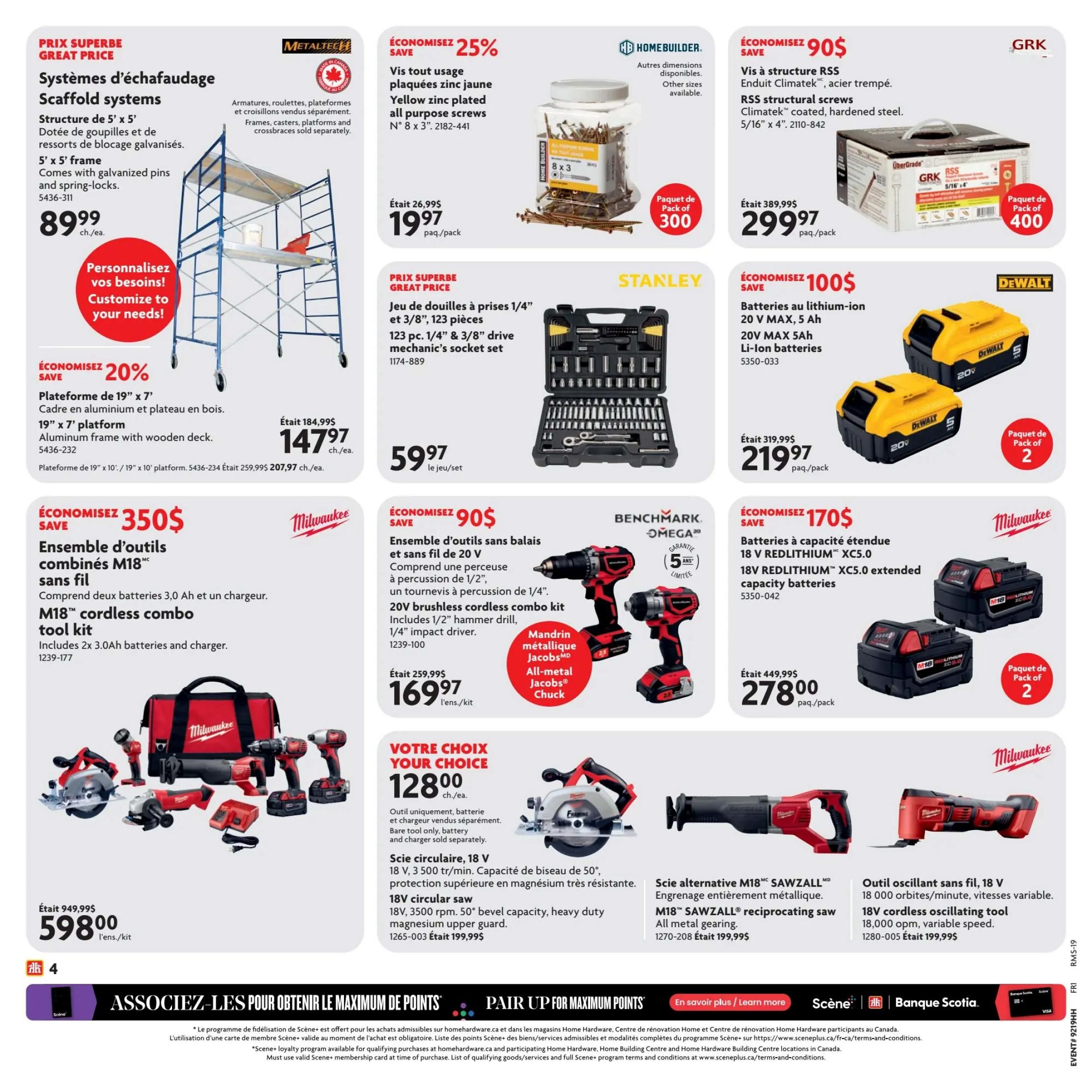 Home Hardware flyer page 5 features a variety of tools and hardware. Top left: Metaltech Scaffold Systems, 5' x 5' frame, priced at $89.99. Below that, a 19' x 7' platform, 20% off, priced at $147.97. Top center: Home Builder yellow zinc plated all-purpose screws, 8 x 3', pack of 300, on sale for $19.97. Top right: GRK RSS structural screws, 5/16' x 4', pack of 400, save $90, priced at $299.97. Middle left: Milwaukee M18 cordless combo tool kit with two 3.0Ah batteries and charger, save $350, priced at $598.00. Middle center: Stanley 123 pc. 1/4' & 3/8' drive mechanic's socket set for $59.97. Middle right: DeWalt 20V MAX 5Ah Li-ion batteries, pack of 2, save $100, priced at $219.97. Bottom left: Milwaukee 18V REDLITHIUM XC5.0 extended capacity batteries, pack of 2, save $170, priced at $278.00. Bottom center: Benchmark Omega 20V cordless combo kit with 1/2' hammer drill and 1/4' impact driver, save $90, priced at $169.97. Bottom right: Your Choice 18V circular saw, 3500 rpm, 50° bevel capacity, heavy duty magnesium upper gear, priced at $128.00. Also featured: M18 SAWZALL reciprocating saw for $199.99 and an 18V cordless oscillating tool for $199.99.