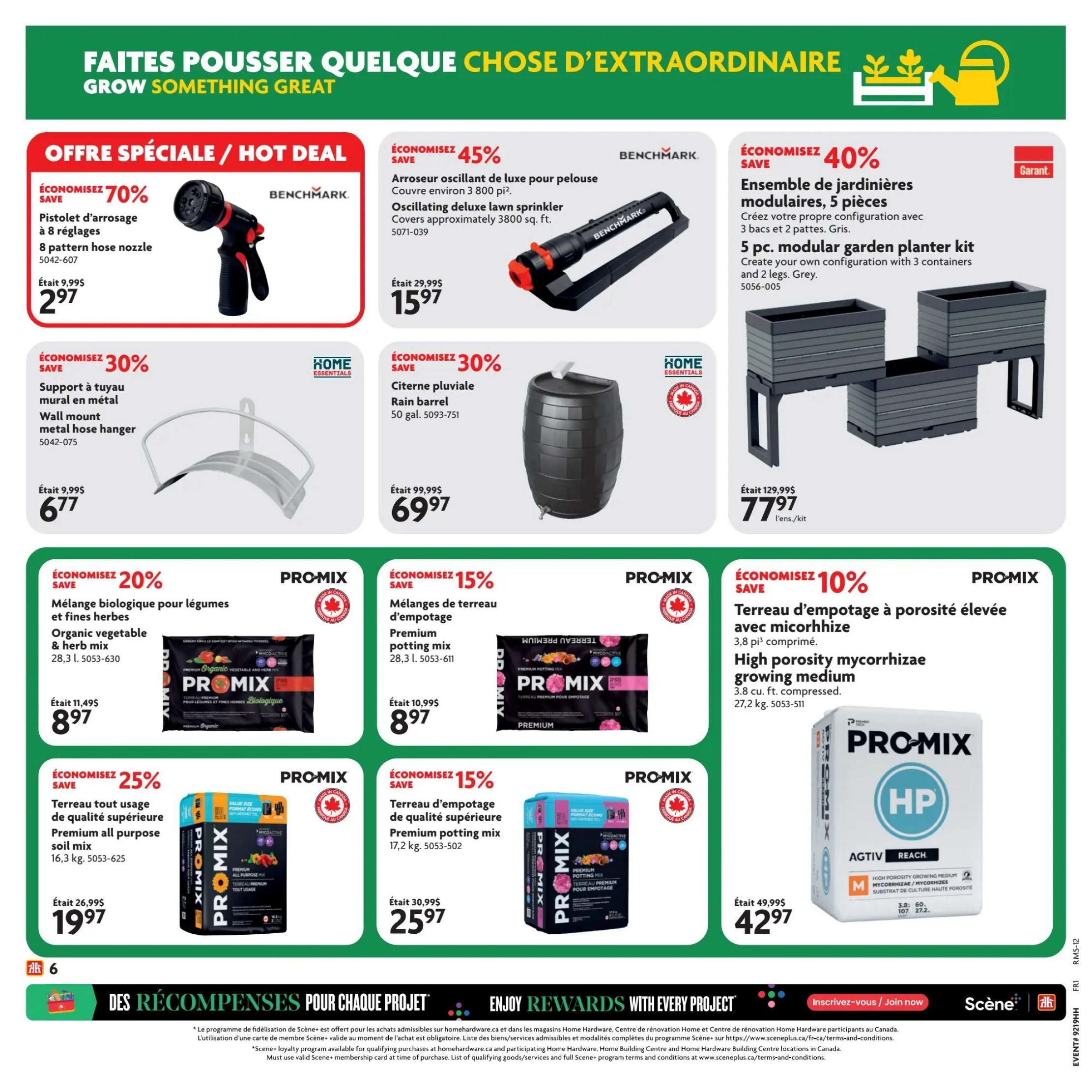 Home Hardware flyer page 7 features 'Grow Something Great' with hot deals. Save 70% on a Benchmark 8 pattern hose nozzle for $2.97. Save 45% on an oscillating deluxe lawn sprinkler covering 3800 sq. ft. for $15.97. Save 30% on a Home Essentials wall mount metal hose hanger for $6.77 and a 50 gal. rain barrel for $69.97. Save 40% on a Garant 5 pc. modular garden planter kit in grey for $77.97. Promix products on sale include: Save 20% on organic vegetable & herb mix for $8.97, save 15% on premium potting mix for $8.97, save 25% on premium all-purpose soil mix for $19.97, save 15% on premium potting mix (17.2 kg) for $25.97, and save 10% on high porosity mycorrhizae growing medium (27.2 kg) for $42.97. The bottom banner promotes 'Enjoy Rewards with Every Project' and the Scene+ loyalty program.