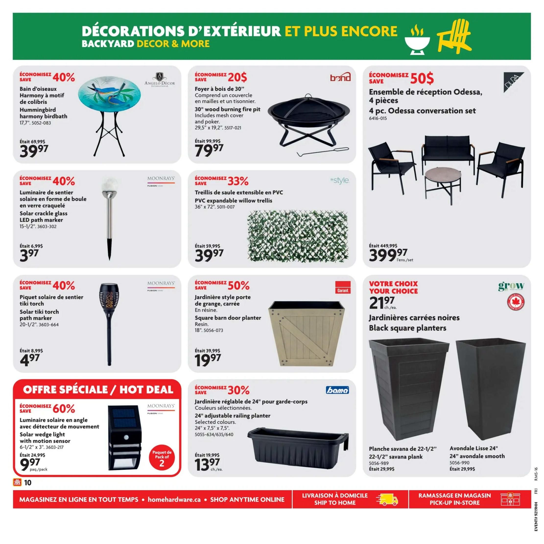 Home Hardware flyer page featuring outdoor decor and more. Offers include a 40% saving on the Harmony birdbath for $39.97, and a 40% saving on a solar crackle glass LED path marker for $3.97. Also available is a 40% saving on a solar tiki torch path marker for $4.97. A hot deal offers 60% off a solar wedge light with motion sensor, pack of 2, for $9.97. Other deals include $20 off a 30' wood burning fire pit for $79.97, 33% off a PVC expandable willow trellis for $39.97, and 50% off a square barn door planter for $19.97. A 24' adjustable railing planter is 30% off, priced at $13.97. Featured are a 4 pc. Odessa conversation set for $399.97, and black square planters for $21.97 each, including 22-1/2' savana plank and 24' avondale smooth planters. Page 11.