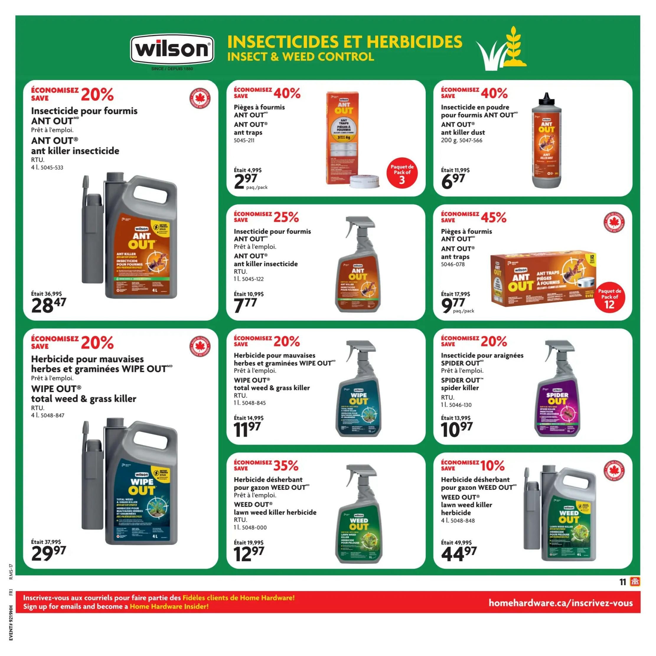 Home Hardware flyer page featuring insecticides and herbicides. Offers include: 20% off Ant Out ant killer insecticide, 4L, now $28.47; 40% off Ant Out ant traps, 3 pack, now $2.97; 40% off Ant Out ant killer dust, 200g, now $6.97; 25% off Ant Out ant killer insecticide RTU, 1L, now $7.77; 45% off Ant Out ant traps, 12 pack, now $9.77; 20% off WIPE OUT total weed & grass killer RTU, 4L, now $29.97; 20% off SPIDER OUT spider killer RTU, 1L, now $10.97; 35% off WEED OUT lawn weed killer herbicide RTU, 1L, now $12.97; and 10% off WEED OUT lawn weed killer herbicide, 4L, now $44.97. The bottom of the page has a call to action to sign up for emails and become a Home Hardware Insider.
