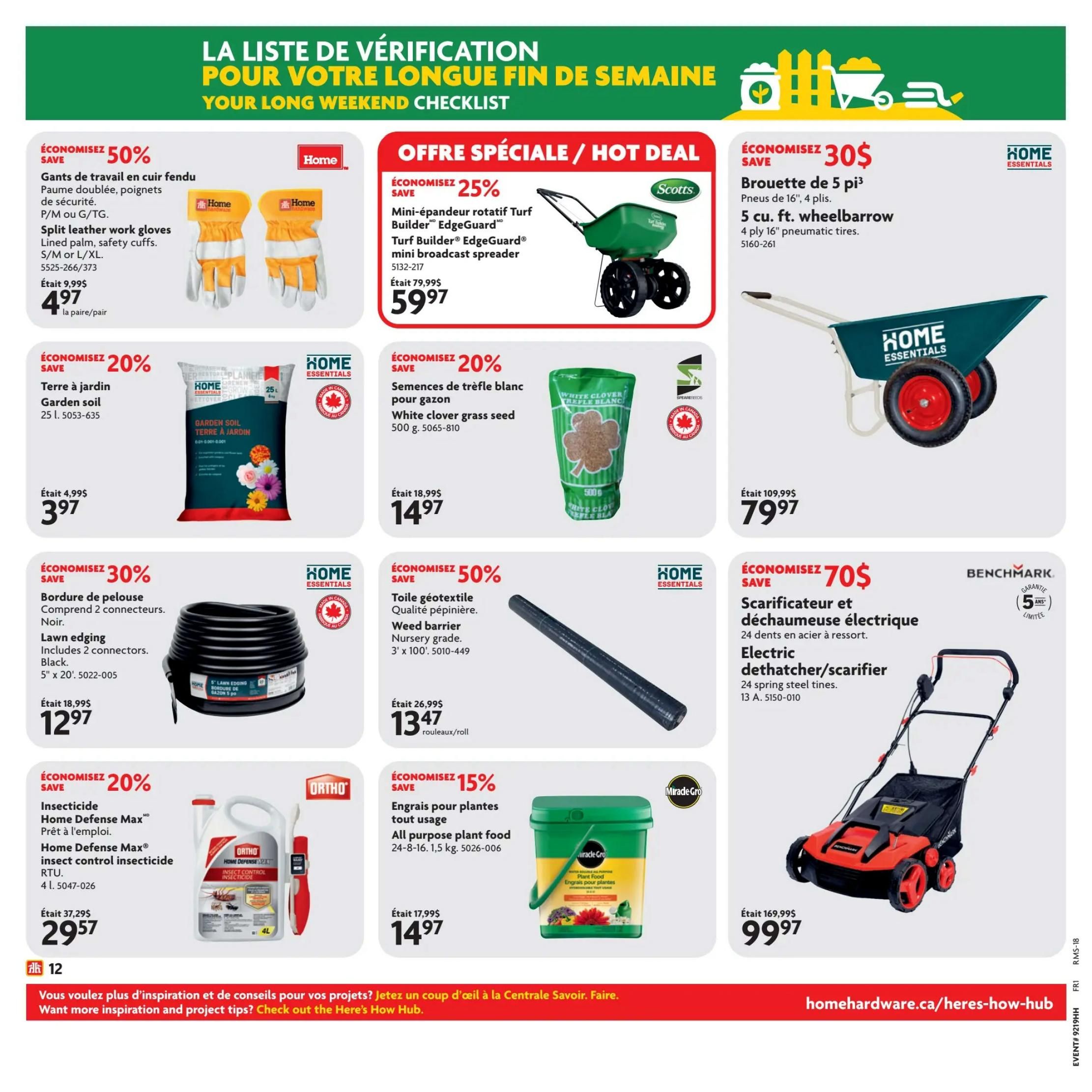 Home Hardware flyer page featuring a long weekend checklist. Offers include: 50% off split leather work gloves for $4.97, 25% off Turf Builder EdgeGuard mini broadcast spreader for $59.97, 30% off 5 cu. ft. wheelbarrow with 4 ply 16' pneumatic tires for $79.97, 20% off garden soil for $3.97, 20% off white clover grass seed for $14.97, 30% off lawn edging with 2 connectors, black, 5' x 20' for $12.97, 50% off nursery grade weed barrier 3' x 100' for $13.47, 70$ off electric dethatcher/scarifier with 24 spring steel tines for $99.97, 20% off Home Defense Max insect control insecticide RTU 4L for $29.57, and 15% off all-purpose plant food 24-8-16, 1.5 kg for $14.97. The page also promotes the Home Hardware 'Here's How Hub' for inspiration and project tips.