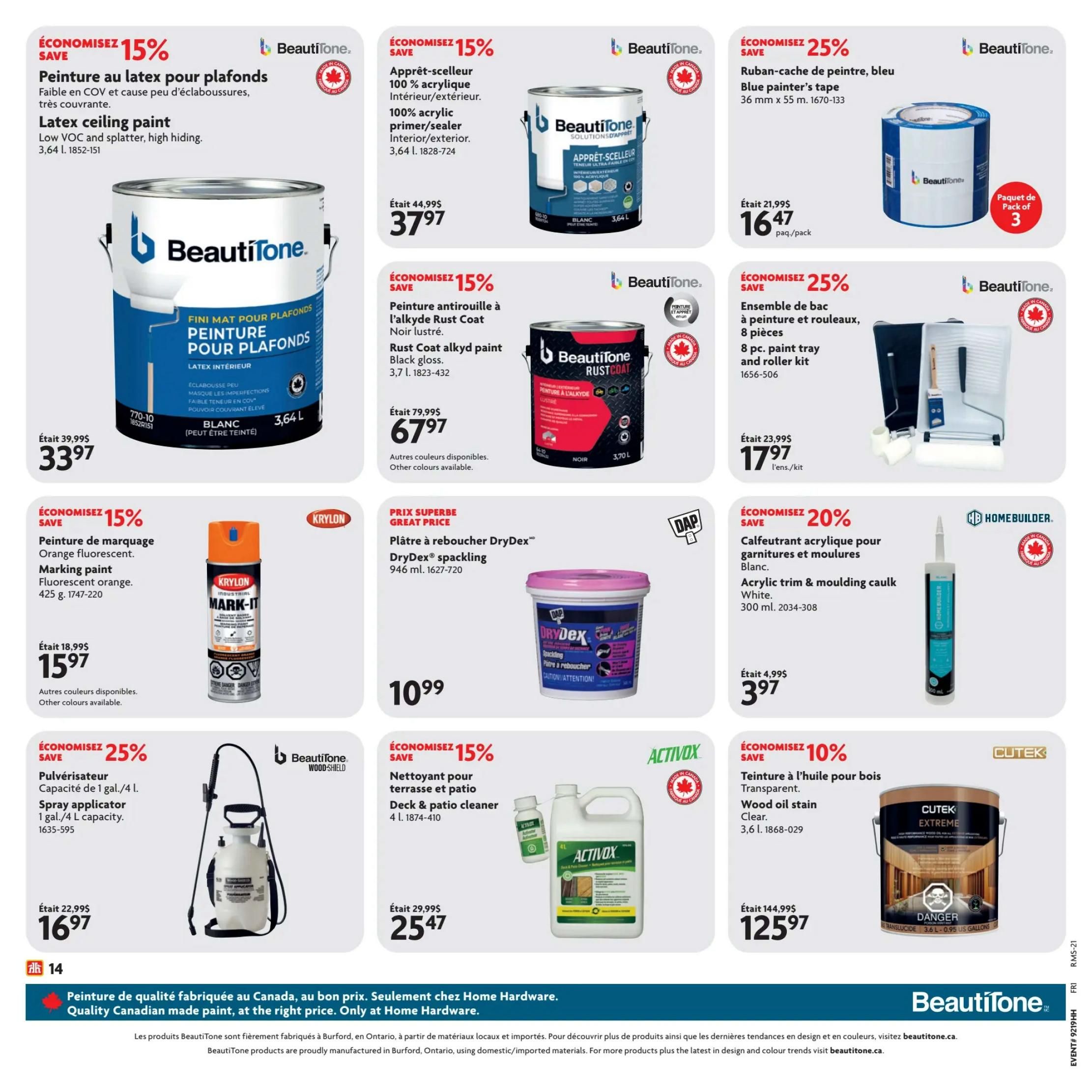 Home Hardware flyer page 15 featuring various paint and home improvement products. Save 15% on BeautiTone latex ceiling paint, low VOC and splatter, high hiding, 3.64 L for $33.97. Save 15% on BeautiTone 100% acrylic primer/sealer for interior/exterior, 3.64 L for $37.97. Save 25% on BeautiTone blue painter's tape, 36 mm x 55 m, pack of 3 for $16.47. Save 25% on BeautiTone 8-piece paint tray and roller kit for $17.97. Save 15% on Krylon fluorescent orange marking paint, 425 g for $15.97. Great price on DryDex spackling, 946 ml for $10.99. Save 20% on Homebuilder acrylic trim & moulding caulk, white, 300 ml for $3.97. Save 25% on a 1 gal./4 L spray applicator for $16.97. Save 15% on Activox deck & patio cleaner, 4 L for $25.47. Save 10% on CUTEK EXTREME wood oil stain, clear, 3.6 L for $125.97. The bottom banner highlights 'Quality Canadian made paint, at the right price. Only at Home Hardware.