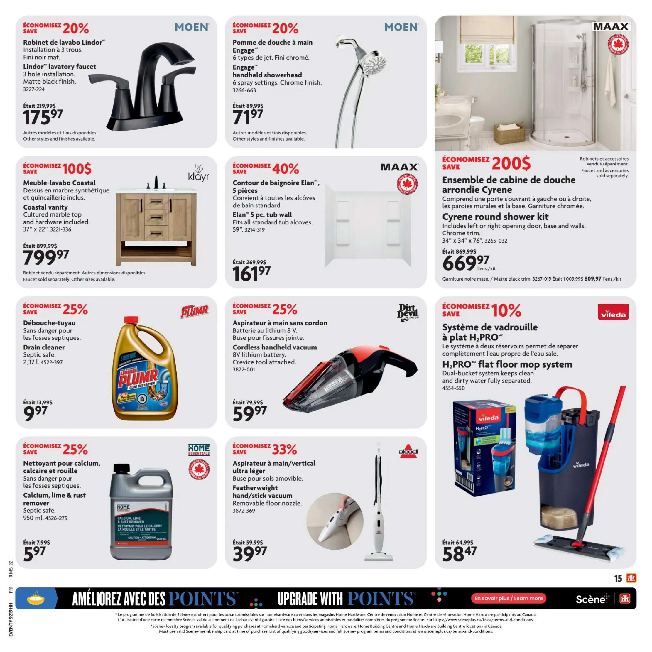 Home Hardware flyer page 16 featuring bathroom and cleaning supplies. Top row includes a Moen Lindor lavatory faucet in matte black for $175.97 (save 20%), a Moen Engage handheld showerhead for $71.97 (save 20%), and a MAAX Cyrene round shower kit for $669.97 (save $200). The middle row showcases a Klāyr Coastal vanity for $799.97 (save $100), a MAAX Elan 5-piece tub wall for $161.97 (save 40%), a Dirt Devil cordless handheld vacuum for $59.97 (save 25%), and a Vileda H2PRO flat floor mop system for $58.47 (save 10%). The bottom row features Plumb drain cleaner for $9.97 (save 25%) and Home Essentials calcium, lime & rust remover for $5.97 (save 25%). A Bissell featherweight hand/stick vacuum is also on sale for $39.97 (save 33%). The bottom banner promotes 'Améliorez avec des points' / 'Upgrade with Points' loyalty program.