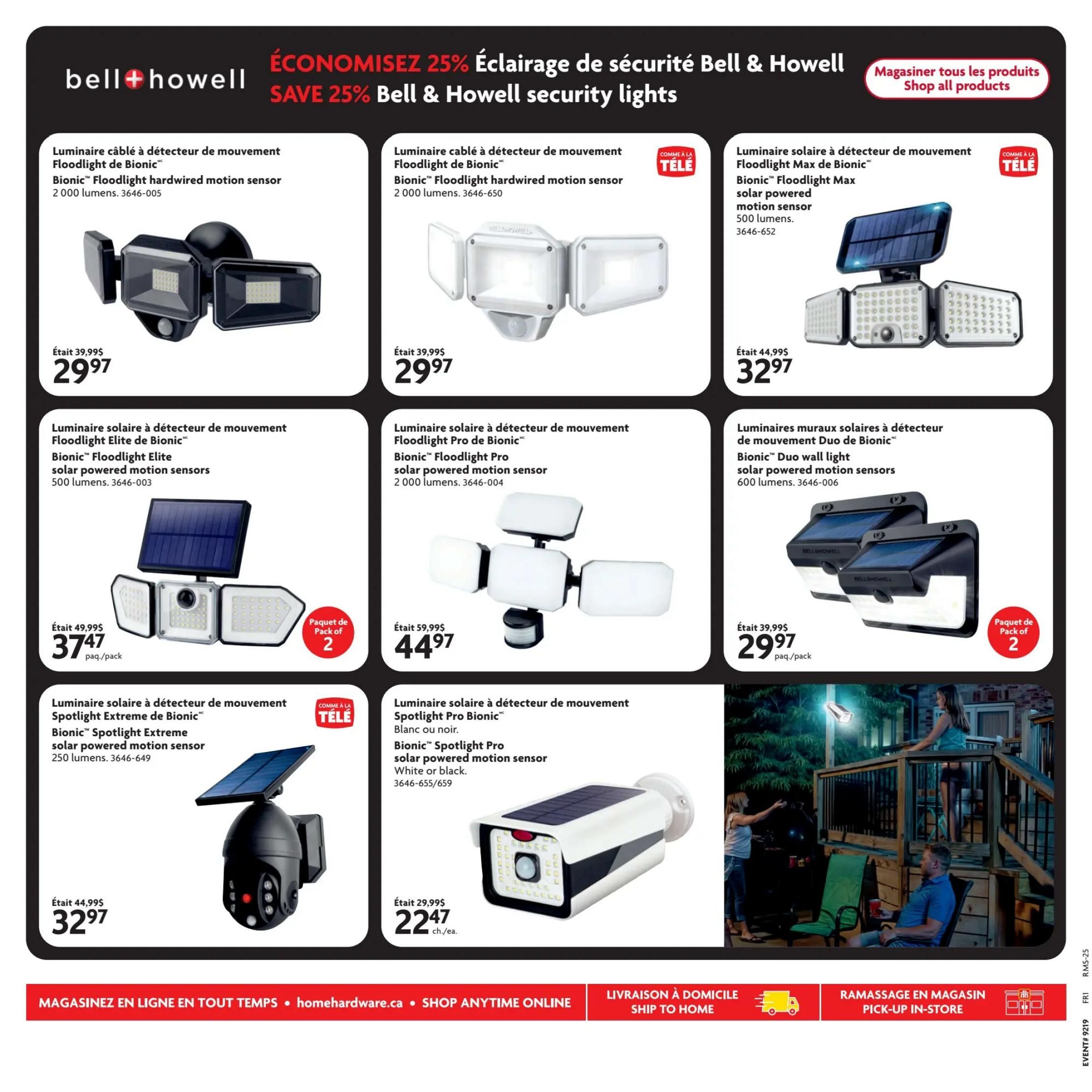 Page 19 of the Home Hardware flyer features Bell & Howell security lights with a 25% savings offer. Products include the Bionic Floodlight hardwired motion sensor for $29.97 (was $39.99), the Bionic Floodlight Max solar powered motion sensor for $32.97 (was $44.99), and the Bionic Floodlight Elite solar powered motion sensors (500 lumens) as a pack of 2 for $37.47 (was $49.99). Also available are the Bionic Floodlight Pro solar powered motion sensor for $44.97 (was $59.99), the Bionic Duo wall light solar powered motion sensors (600 lumens) as a pack of 2 for $29.97 (was $39.99), and the Bionic Spotlight Extreme solar powered motion sensor for $32.97 (was $44.99). The Bionic Spotlight Pro solar powered motion sensor (white or black) is on sale for $22.47 each (was $29.99). Shop all products and find more deals online at homehardware.ca.