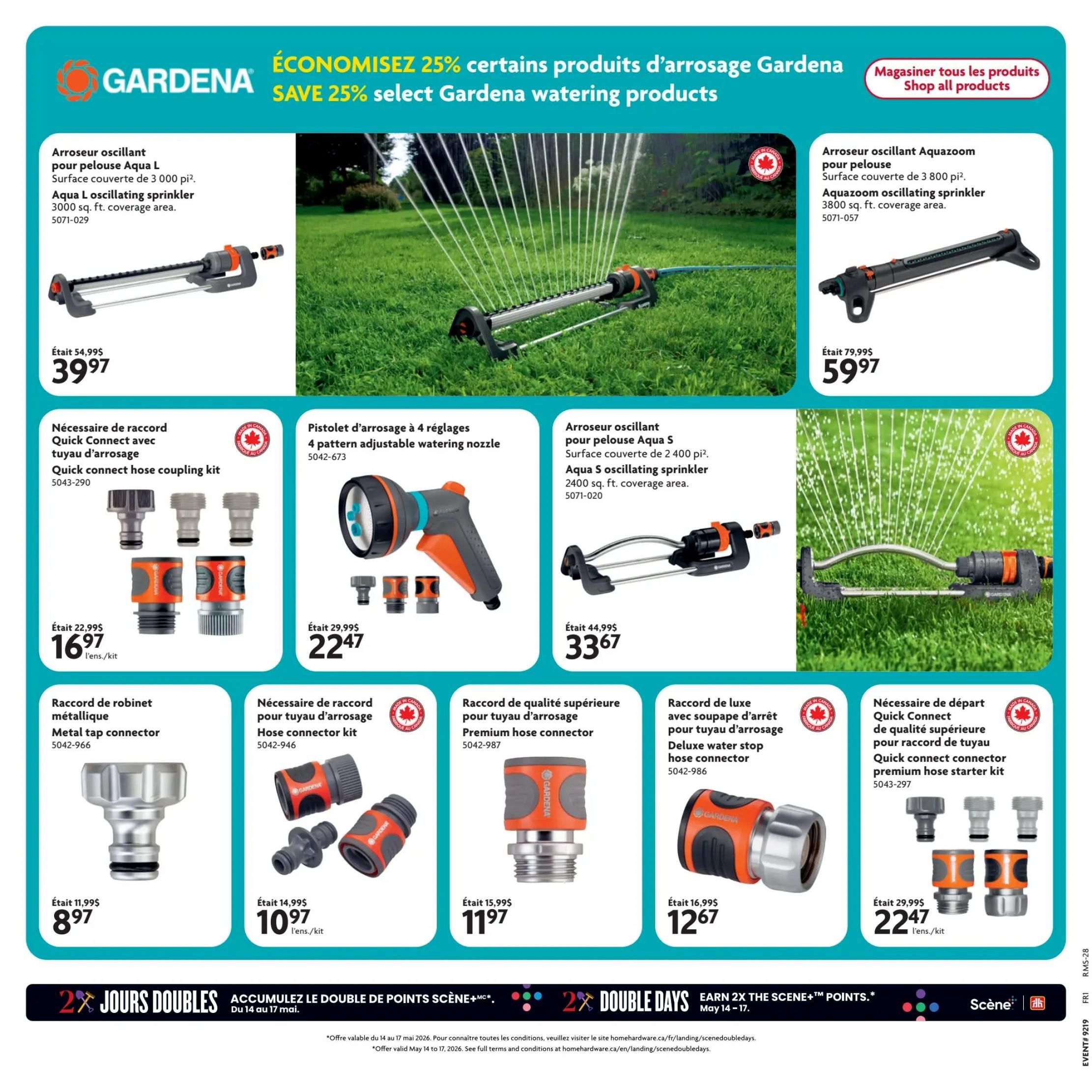 Home Hardware flyer, page 22, featuring Gardena watering products on sale. Save 25% on select items. Products include the Aqua L oscillating sprinkler for 3000 sq. ft. coverage, now $39.97 (was $54.99). The Aquazoom oscillating sprinkler for 3800 sq. ft. coverage is $59.97 (was $79.99). Also available is the Aqua S oscillating sprinkler for 2400 sq. ft. coverage, on sale for $33.67 (was $44.99). Other items include a Quick Connect hose coupling kit for $16.97 (was $22.99), a 4-pattern adjustable watering nozzle for $22.47 (was $29.99), a metal tap connector for $8.97 (was $11.99), a premium hose connector for $11.97 (was $15.99), a deluxe water stop hose connector for $12.67 (was $16.99), and a Quick Connect premium hose starter kit for $22.47 (was $29.99). The flyer also promotes '2x Double Days' where customers can earn double Scene+ points from May 14 to 17.