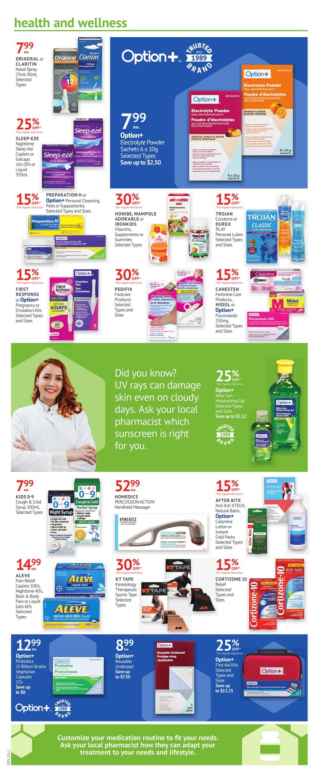 I.D.A. Pharmacy weekly flyer specials page 2, featuring health and wellness products. Deals include Drixoral or Claritin Nasal Spray for $7.99, Sleep-Eze Nighttime Sleep Aid Caplets or Liquid for 25% off, Preparation H or Option+ Personal Cleansing Pads or Suppositories for 15% off. Option+ Electrolyte Powder Sachets are $7.99, saving up to $2.50. Honibe, Wampole, Adorable or Ironkids Vitamins, Supplements or Gummies are 30% off. Trojan Condoms or Durex Play Personal Lubes are 15% off. First Response or Option+ Pregnancy or Ovulation Kits are 15% off. Pedifix Footcare Products are 30% off. Canesten Feminine Care Products, Midol or Option+ Fluconazole 150mg are 15% off. Kids 0-9 Cough & Cold Syrup is $7.99. Aleve Pain Relief Caplets, Nighttime 40s, Back & Body Pain or Liquid Gels 60's are $14.99. Homedics Percussion Action Handheld Massager is $52.99. KT Tape Kinesiology Therapeutic Sports Tape is 30% off. Cortizone 10 Relief products are 15% off. Option+ Probiotics 25 Billion Strains Vegetarian Capsules are $12.99, saving up to $8. Option+ Reusable Underpad is $8.99, saving up to $7.50. Option+ First Aid Kits are 25% off, saving up to $13.25. The page also includes a health tip about UV rays and sunscreen.