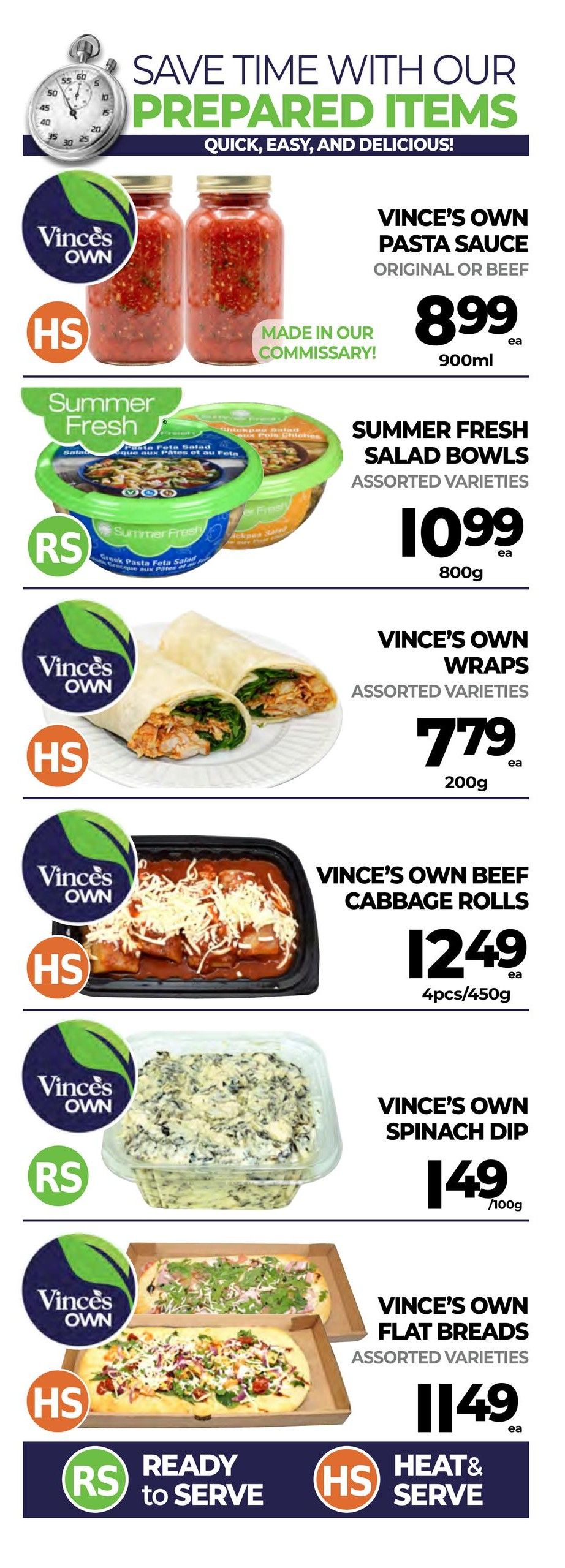 Vince's Market flyer page 3 showcasing prepared items. Features Vince's Own Pasta Sauce Original or Beef for $8.99 (900ml). Summer Fresh Salad Bowls in assorted varieties are $10.99 (800g). Vince's Own Wraps in assorted varieties are $7.79 (200g). Vince's Own Beef Cabbage Rolls are $12.49 (4pcs/450g). Vince's Own Spinach Dip is $1.49 per 100g. Vince's Own Flat Breads in assorted varieties are $11.49 each. Some items are marked 'Ready to Serve' (RS) and 'Heat & Serve' (HS).