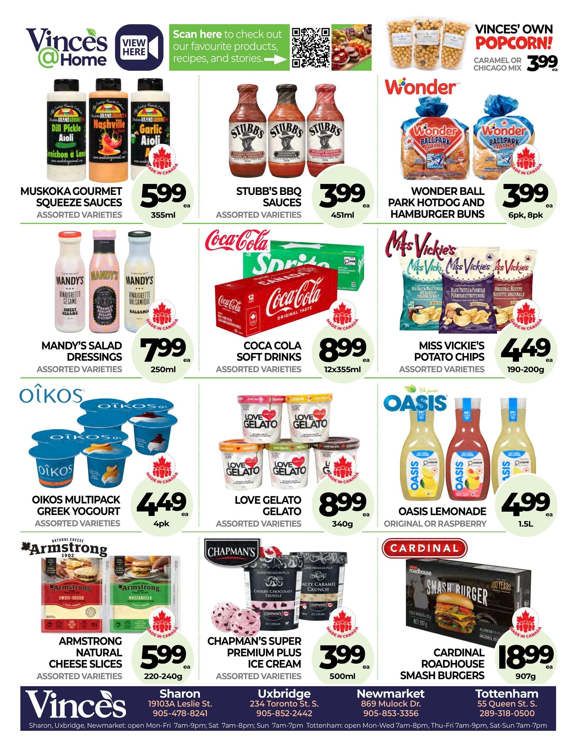 Vince's Market flyer page 10 features a variety of grocery specials. Top row includes Muskoka Gourmet Squeeze Sauces for $5.99 (355ml), Stubbs BBQ Sauces for $3.99 (451ml), and Wonder Ball Park Hotdog and Hamburger Buns for $3.99 (6pk, 8pk). Also featured is Vince's Own Popcorn in Caramel or Chicago Mix for $3.99. Middle row highlights Mandy's Salad Dressings for $7.99 (250ml), Coca-Cola Soft Drinks (assorted varieties) for $8.99 (12x355ml), Miss Vickie's Potato Chips for $4.49 (190-200g), and Oikos Multipack Greek Yogurt for $4.49 (4pk). The bottom row showcases Love Gelato Gelato for $8.99 (340g), Armstrong Natural Cheese Slices for $5.99 (220-240g), Chapman's Super Premium Plus Ice Cream for $3.99 (500ml), and Cardinal Roadhouse Smash Burgers for $18.99 (907g). Oasis Lemonade (Original or Raspberry) is priced at $4.99 (1.5L).