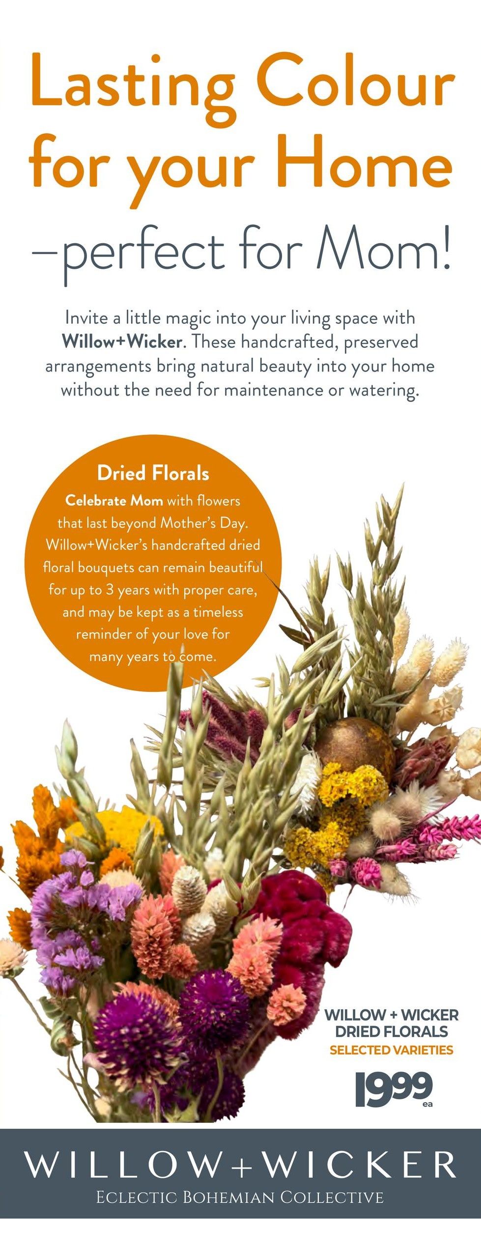 Vince's Market flyer page 14 features Willow+Wicker dried florals, described as lasting colour for your home and perfect for Mom. These handcrafted, preserved floral arrangements bring natural beauty without maintenance and can last up to 3 years. The selected varieties of Willow+Wicker dried florals are priced at $19.99 each. The page also includes the brand name Willow+Wicker with the tagline 'Eclectic Bohemian Collective'.
