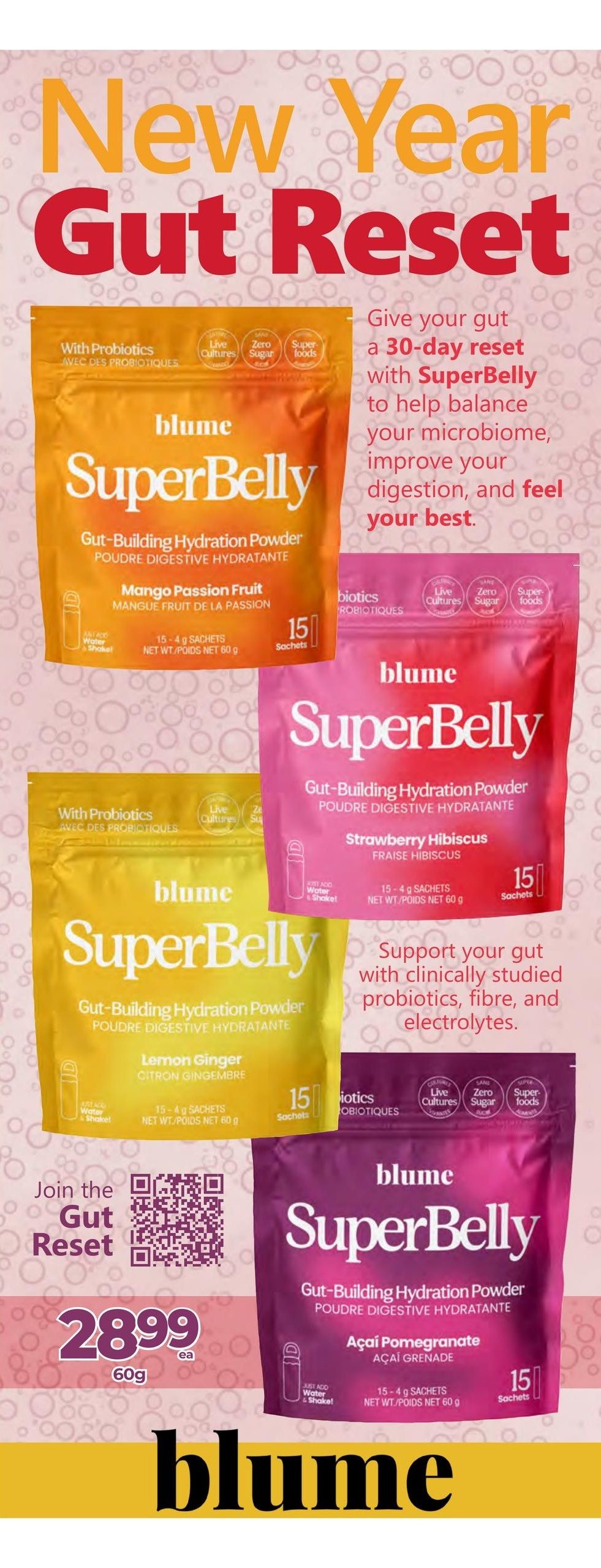 Vince's Market flyer page featuring Blume SuperBelly Gut-Building Hydration Powder. Offers include Mango Passion Fruit, Strawberry Hibiscus, Lemon Ginger, and Açai Pomegranate flavours. Each pouch contains 15 sachets of 4g each, for a net weight of 60g. The promotion highlights a 'New Year Gut Reset' with probiotics, zero sugar, and superfoods to help balance your microbiome, improve digestion, and feel your best. The Açai Pomegranate flavour is priced at $28.99 each for 60g.