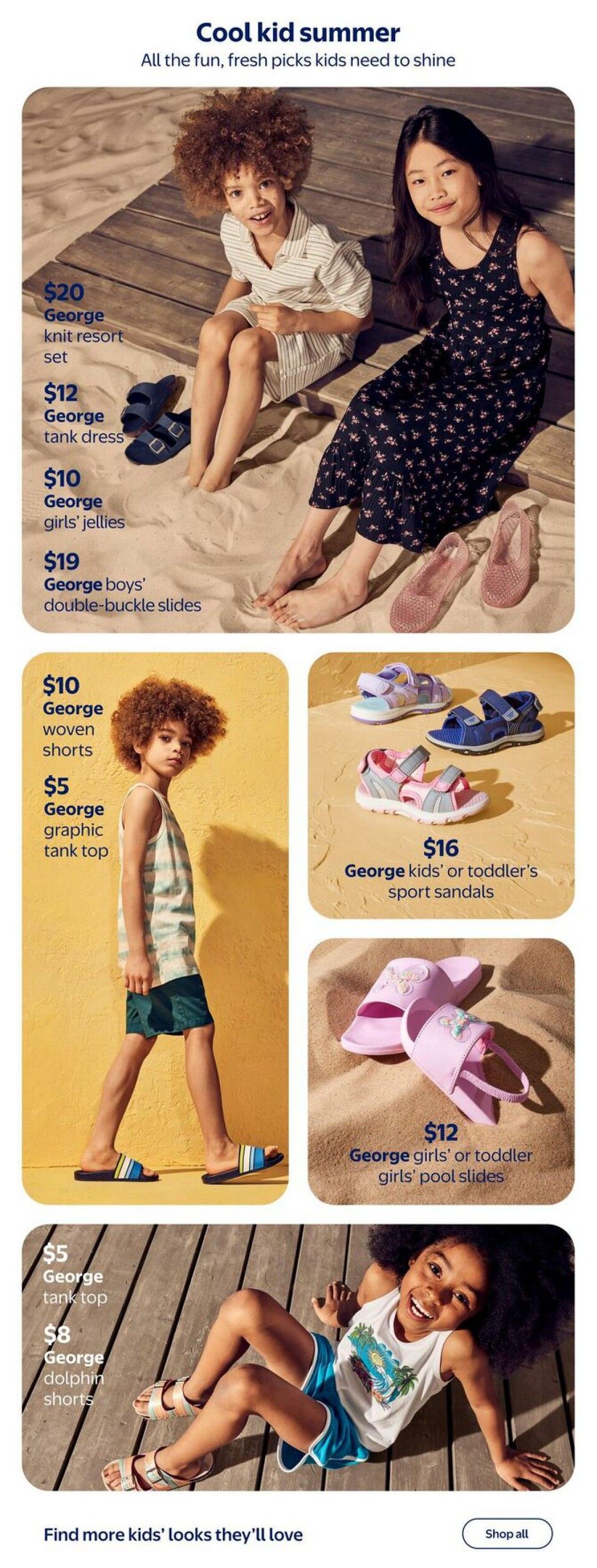 Walmart Canada flyer, page 2, featuring 'Cool kid summer' clothing and footwear. Showcases a George knit resort set for $20, a George tank dress for $12, George girls' jellies for $10, and George boys' double-buckle slides for $19. Also features George woven shorts for $10, a George graphic tank top for $5, George kids' or toddler's sport sandals for $16, and George girls' or toddler's pool slides for $12. Additional items include a George tank top for $5 and George dolphin shorts for $8. The page encourages shoppers to 'Find more kids' looks they'll love' with a 'Shop all' button.