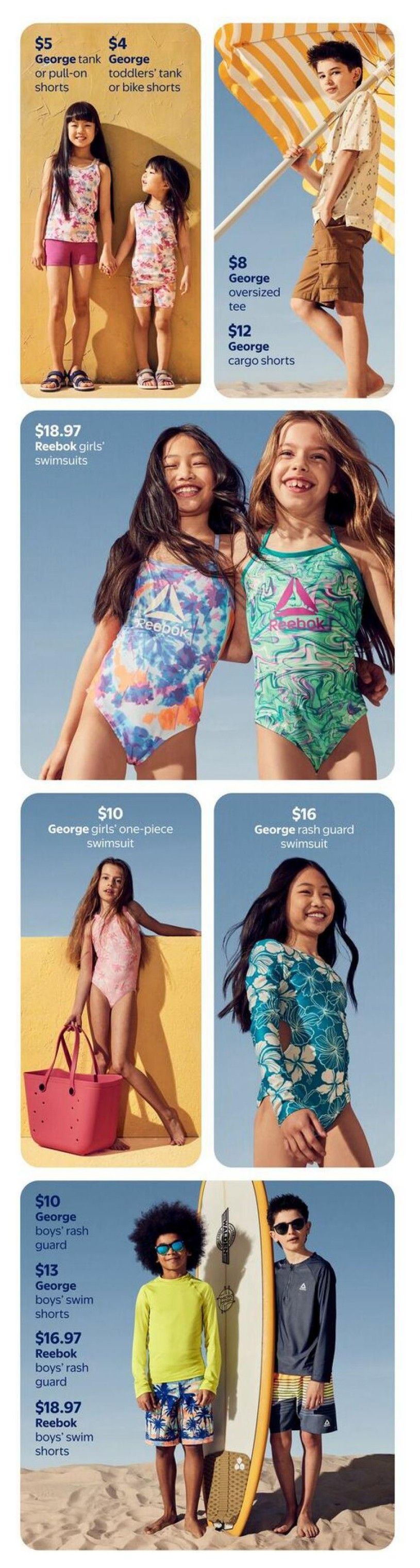 Walmart Canada flyer page 3 features summer apparel for kids. On the top left, George tank or pull-on shorts are $5, and George toddlers' tank or bike shorts are $4. To the right, George oversized tees are $8 and George cargo shorts are $12. The middle section showcases Reebok girls' swimsuits for $18.97, a George girls' one-piece swimsuit for $10, and a George rash guard swimsuit for $16. The bottom section displays George boys' rash guards for $10, George boys' swim shorts for $13, Reebok boys' rash guards for $16.97, and Reebok boys' swim shorts for $18.97.