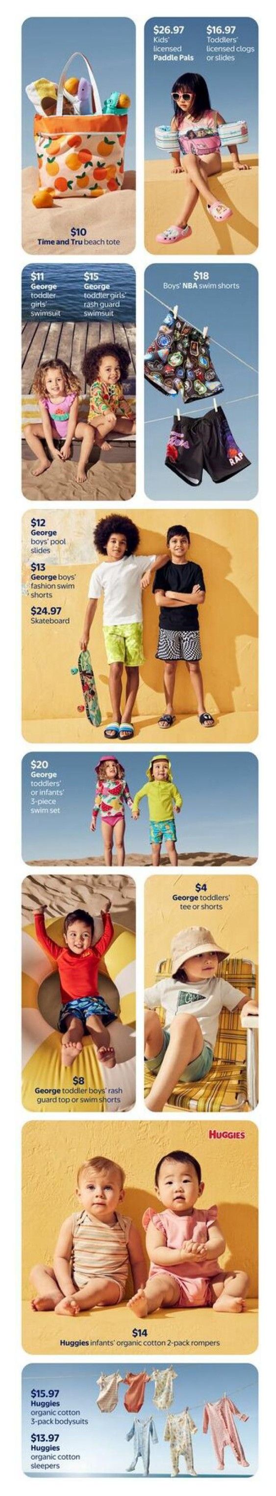 Walmart Canada flyer page 4 features summer clothing and accessories for children. Top row includes a $10 Time and Tru beach tote and $26.97 Kids' licensed Paddle Pals with $16.97 Toddlers' licensed clogs or slides. Second row showcases $11 George toddler girls' swimsuit and $15 George toddler girls' rash guard swimsuit, alongside $18 Boys' NBA swim shorts. Third row displays $12 George boys' pool slides, $13 George boys' fashion swim shorts, and a $24.97 skateboard. Fourth row features $20 George toddlers' or infants' 3-piece swim set. Fifth row shows an $8 George toddler boys' rash guard top or swim shorts and $4 George toddlers' tee or shorts. Bottom section highlights Huggies infants' organic cotton 2-pack rompers for $14, Huggies organic cotton 3-pack bodysuits for $15.97, and Huggies organic cotton sleepers for $13.97.