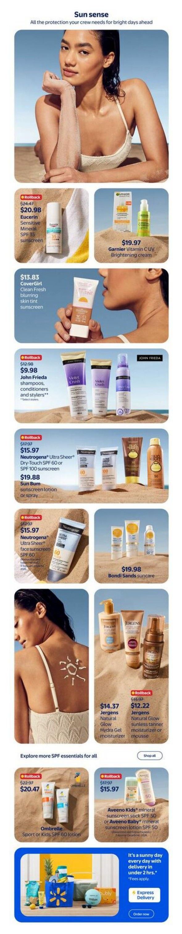 Walmart Canada flyer page 5, featuring sun protection products. Includes Eucerin Sensitive Mineral SPF 35 sunscreen for $20.98 (rollback from $24.47), Garnier Vitamin C UV Brightening cream for $19.97, CoverGirl Clean Fresh blurring skin tint sunscreen for $13.83. Also features John Frieda Violet Crush shampoos, conditioners, and stylers for $9.98 (rollback from $12.98). Neutrogena Ultra Sheer Dry-Touch SPF 60 or SPF 100 sunscreen is $15.97 (rollback from $17.97), and Sun Bum sunscreen lotion or spray is $19.88. Bondi Sands suncare is $19.98. Jergens Natural Glow Hydra Gel moisturizer is $14.37, and Jergens Natural Glow sunless tanner moisturizer or mousse is $12.22. Ombrelle Sport or Kids SPF 60 lotion is $20.47 (rollback from $22.97). Aveeno Kids mineral sunscreen stick SPF 50 or Aveeno Baby mineral sunscreen lotion SPF 50 is $15.97 (rollback from $17.97). The page also highlights express delivery in under 2 hours.