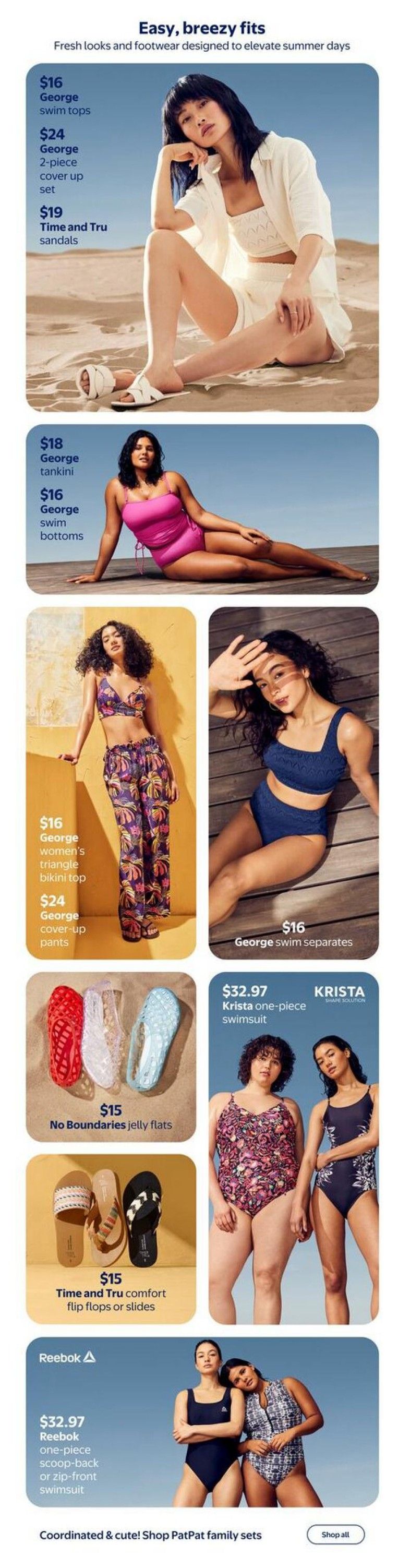 Walmart Canada flyer page 6 features 'Easy, breezy fits' for summer days. Showcased are George swim tops for $16, George 2-piece cover-up sets for $24, and Time and Tru sandals for $19. Also featured are George tankinis for $18 and George swim bottoms for $16. Additionally, there's a George women's triangle bikini top for $16 and George cover-up pants for $24. Footwear options include No Boundaries jelly flats for $15 and Time and Tru comfort flip flops or slides for $15. Swimwear includes the Krista one-piece swimsuit for $32.97 and Reebok one-piece scoop-back or zip-front swimsuits for $32.97. The page also highlights 'Coordinated & cute! Shop PatPat family sets' with a 'Shop all' button.