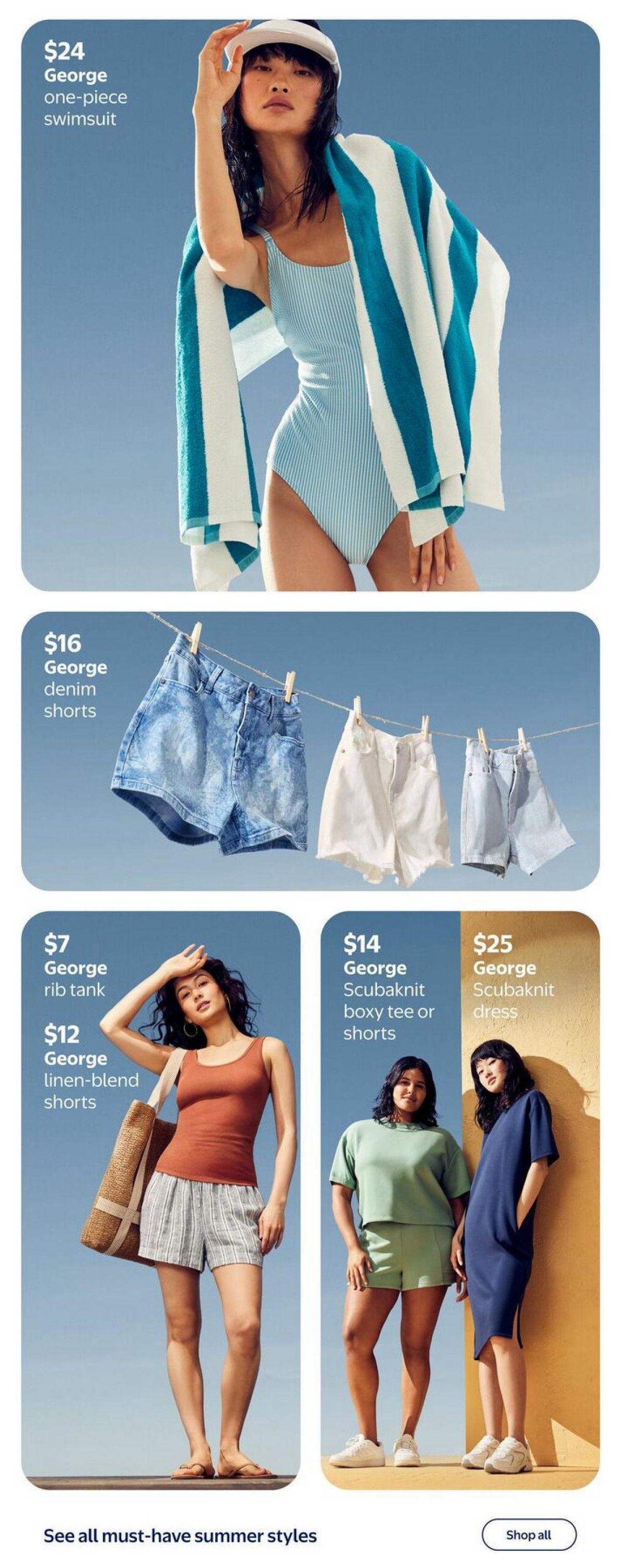 Walmart Canada flyer page 7 features summer styles from George. A woman models a $24 George one-piece swimsuit with a striped towel. Below, George denim shorts are shown on a clothesline for $16, alongside white and light blue shorts. On the bottom left, a woman wears a $7 George rib tank and $12 George linen-blend shorts. To the right, two women are featured: one in $14 George Scubaknit boxy tee or shorts, and another in a $25 George Scubaknit dress. The page encourages shoppers to 'See all must-have summer styles' with a 'Shop all' button.