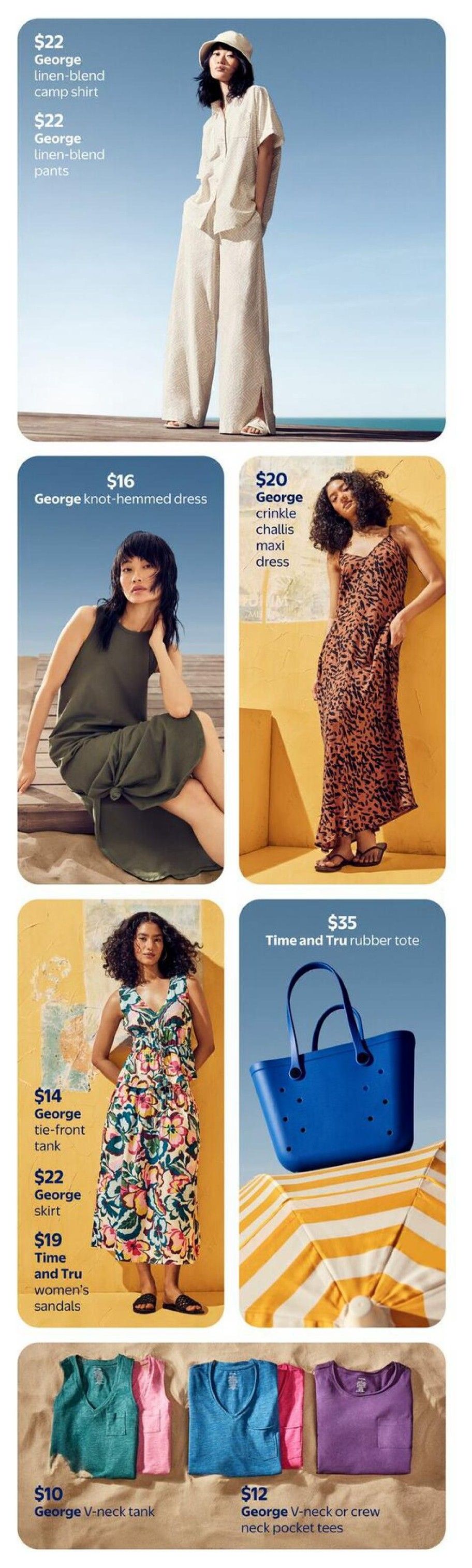 Walmart Canada flyer page 8 features summer fashion. A model wears a $22 George linen-blend camp shirt and $22 George linen-blend pants. Another model is shown in a $16 George knot-hemmed dress and a $20 George crinkle challis maxi dress. Also available are a $14 George tie-front tank, a $22 George skirt, and $19 Time and Tru women's sandals. A $35 Time and Tru rubber tote bag is also displayed. Additionally, there are $10 George V-neck tanks and $12 George V-neck or crew neck pocket tees in various colours.