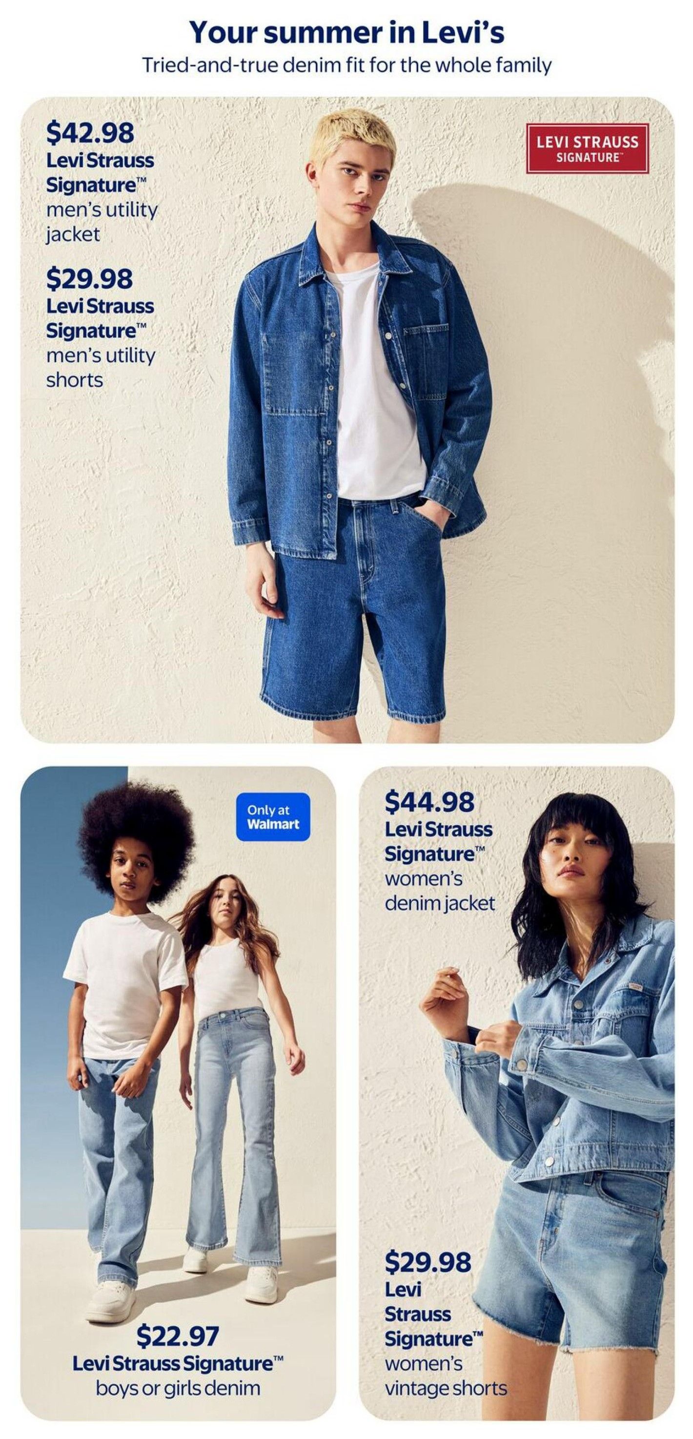 Walmart Canada flyer page 9 featuring Levi Strauss Signature denim wear for the whole family. Offers include Levi Strauss Signature men's utility jacket for $42.98 and Levi Strauss Signature men's utility shorts for $29.98. Also available are Levi Strauss Signature boys or girls denim for $22.97, Levi Strauss Signature women's denim jacket for $44.98, and Levi Strauss Signature women's vintage shorts for $29.98. Some items are marked 'Only at Walmart'.