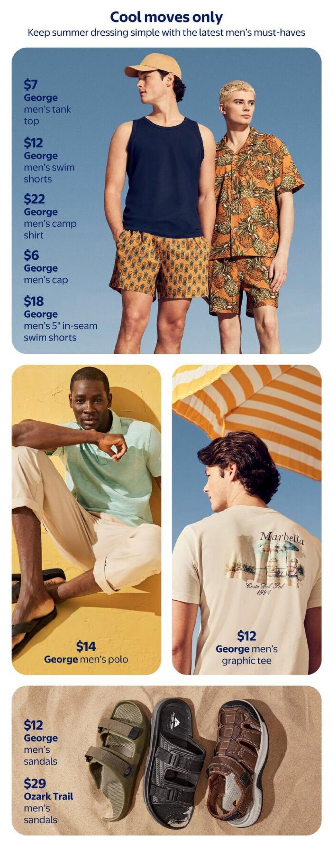 Walmart Canada flyer page 10 featuring men's summer apparel and footwear. Top section showcases two models wearing summer outfits: one in a navy George men's tank top, patterned swim shorts, and a tan cap for $7, $12, and $6 respectively. The other model wears a vibrant pineapple-print camp shirt for $22 and patterned swim shorts. Also featured are George men's 5' in-seam swim shorts for $18. Middle section displays a man in a light blue George men's polo shirt for $14, and another model in a beige George men's graphic tee with a 'Marbella' design for $12. Bottom section shows footwear options: George men's sandals for $12 and Ozark Trail men's sandals for $29.