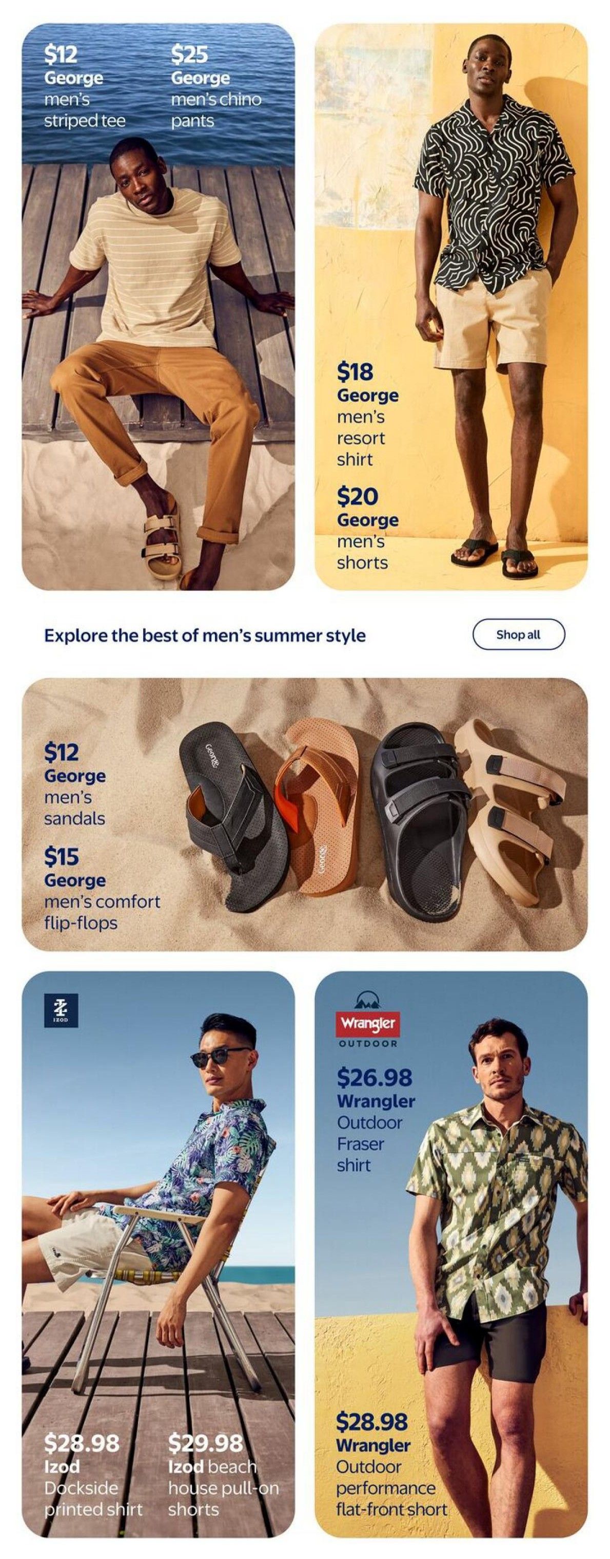 Walmart Canada flyer page 11 showcasing men's summer fashion. Featured items include George men's striped tee for $12, George men's chino pants for $25, George men's resort shirt for $18, and George men's shorts for $20. Also available are George men's sandals for $12 and George men's comfort flip-flops for $15. Additionally, explore Izod Dockside printed shirt for $28.98 and Izod beach house pull-on shorts for $29.98. Wrangler Outdoor offers the Fraser shirt for $26.98 and performance flat-front shorts for $28.98. A button to 'Shop all' men's summer styles is also visible.