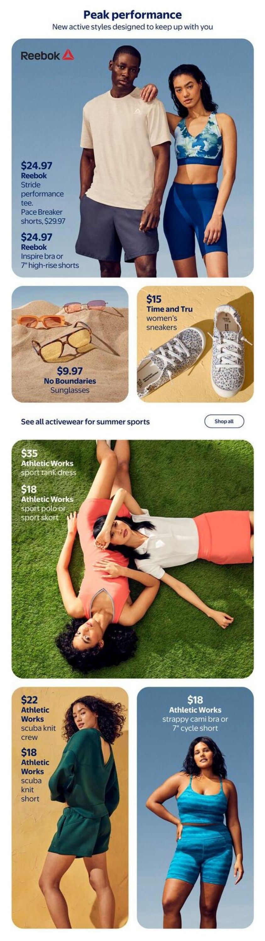 Walmart Canada flyer page featuring activewear. Includes Reebok men's Stride performance tee and Pace Breaker shorts for $24.97 each, and Reebok Inspire bra or 7' high-rise shorts for $24.97. Also features No Boundaries sunglasses for $9.97. Athletic Works sport tank dress is $35, and Athletic Works sport polo or sport skort is $18. Athletic Works scuba knit crew is $22, and scuba knit short is $18. Athletic Works strappy cami bra or 7' cycle short is $18. Time and Tru women's sneakers are $15. A button to 'Shop all activewear for summer sports' is visible.