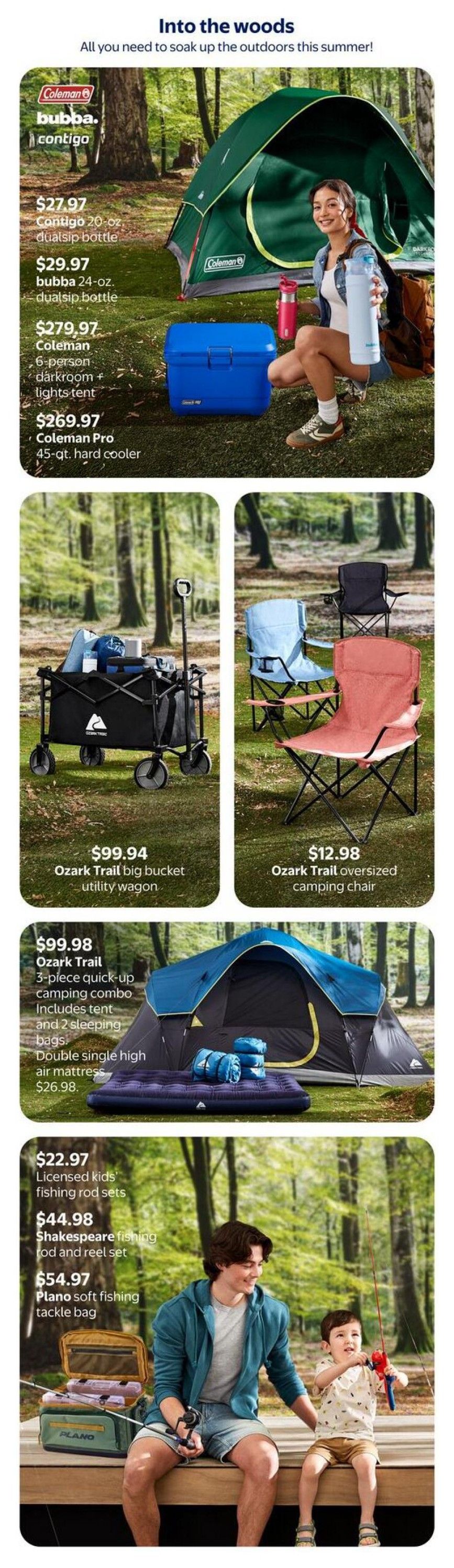 Walmart Canada flyer page 14, 'Into the woods' theme. Features outdoor and camping gear. Top section shows a Coleman 6-person darkroom + light tent for $279.97 and a Coleman Pro 45-qt. hard cooler for $269.97. Also available are Contigo 20-oz. dualsip bottles for $27.97 and Bubba 24-oz. dualsip bottles for $29.97. Middle section displays an Ozark Trail big bucket utility wagon for $99.94 and Ozark Trail oversized camping chairs for $12.98 each. The bottom section highlights an Ozark Trail 3-piece quick-up camping combo including a tent and 2 sleeping bags for $99.98, plus a double single high air mattress for $26.98. Fishing gear includes licensed kids' fishing rod sets for $22.97, a Shakespeare fishing rod and reel set for $44.98, and a Plano soft fishing tackle bag for $54.97.