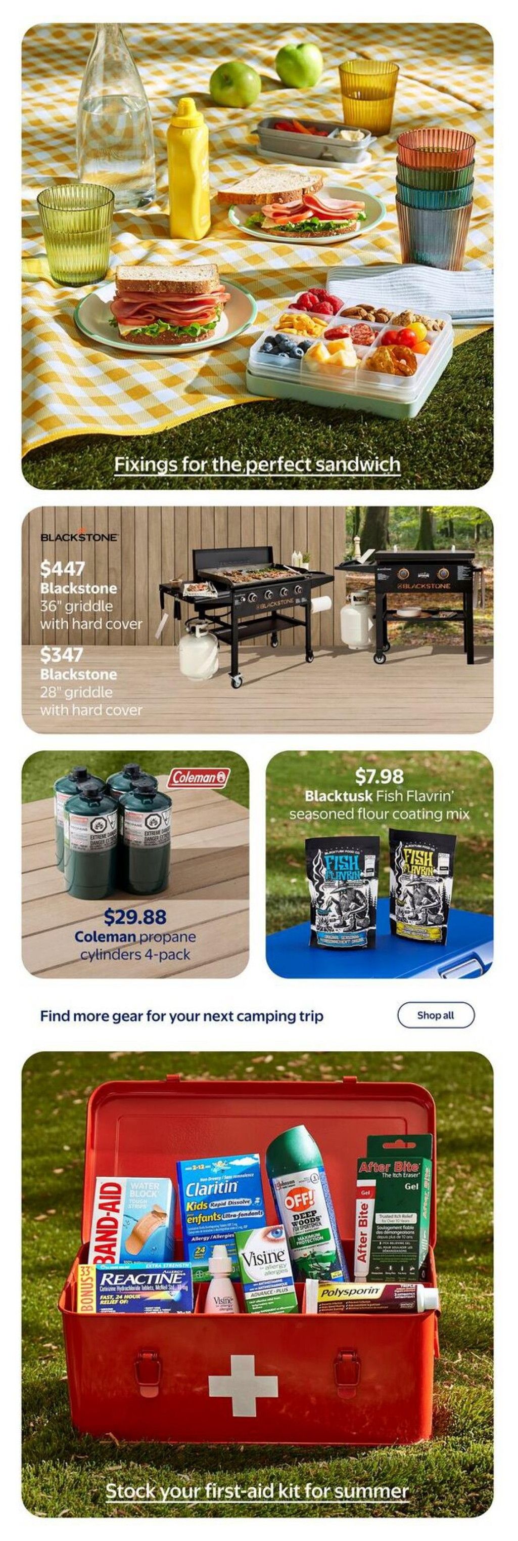 Walmart Canada flyer page 15 featuring summer essentials. Top section shows fixings for a perfect sandwich with sandwiches, fruit, and drinks on a picnic blanket. Middle section displays Blackstone 36' griddle with hard cover for $447 and Blackstone 28' griddle with hard cover for $347. Also featured are Coleman propane cylinders 4-pack for $29.88 and Blacktusk Fish Flavrin' seasoned flour coating mix for $7.98. The bottom section showcases a red first-aid kit stocked with Band-Aid bandages, Reactine, Claritin Kids Rapid Dissolve, OFF! Deep Woods insect repellent, Visine eye drops, After Bite gel, and Polysporin ointment, with the caption 'Stock your first-aid kit for summer'.