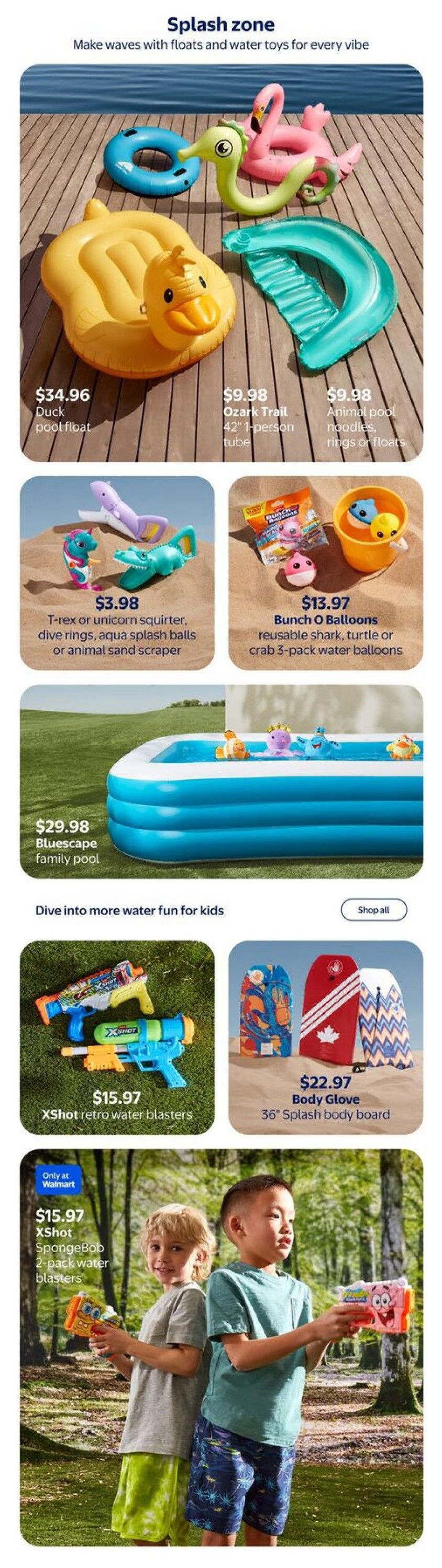 Walmart Canada flyer page featuring a splash zone with summer water toys. Includes a yellow duck pool float for $34.96, an Ozark Trail 42' 1-person tube for $9.98, and animal pool noodles, rings, or floats for $9.98. Also available are T-rex or unicorn squirters, dive rings, aqua splash balls, or animal sand scrapers for $3.98, and Bunch O Balloons reusable water balloons (shark, turtle, or crab 3-pack) for $13.97. A Bluescape family pool is priced at $29.98. For active water fun, XShot retro water blasters are $15.97, and XShot SpongeBob 2-pack water blasters are $15.97. Additionally, Body Glove 36' splash body boards are available for $22.97.