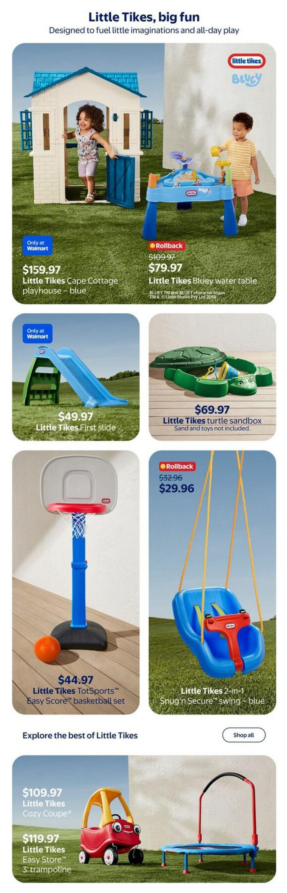 Walmart Canada flyer page featuring Little Tikes toys for big fun. Includes the Little Tikes Cape Cottage playhouse in blue for $159.97. Also available is the Little Tikes Bluey water table, on rollback from $109.97 to $79.97. The Little Tikes First slide is priced at $49.97 and the Little Tikes turtle sandbox is $69.97 (sand and toys not included). For active play, find the Little Tikes TotSports Easy Score basketball set for $44.97 and the Little Tikes 2-in-1 Snug 'n Secure swing in blue for $29.96 (rollback from $32.96). Explore more Little Tikes products including the Little Tikes Cozy Coupe for $109.97 and the Little Tikes Easy Store 3' trampoline for $119.97.