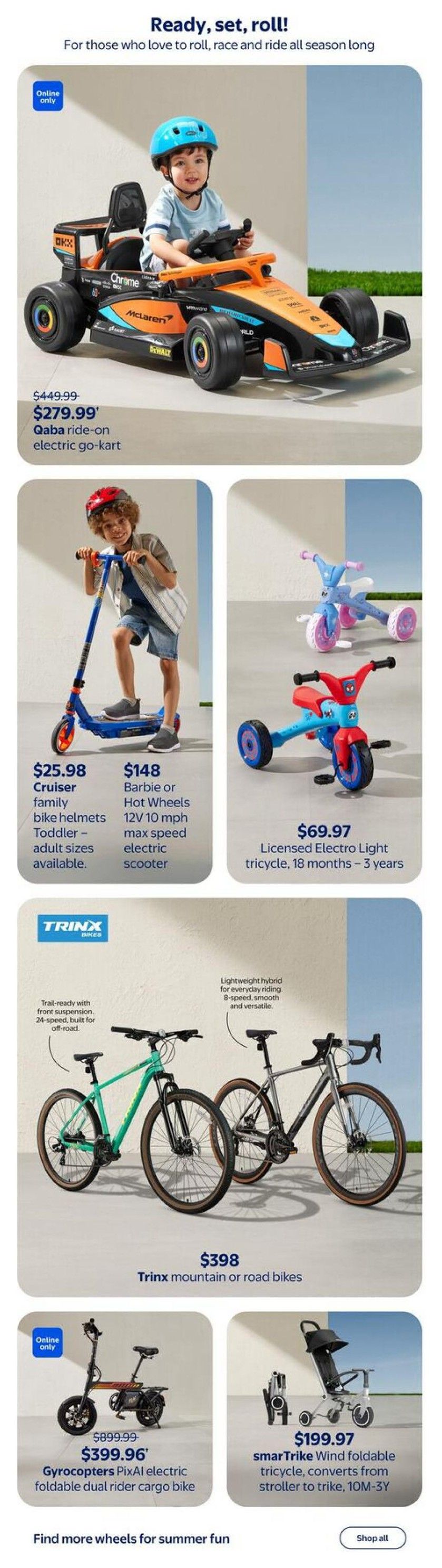 Walmart Canada flyer page 20, featuring summer fun wheels. Includes a Qaba ride-on electric go-kart, originally $449.99, now $279.99. Also available are Cruiser family bike helmets in toddler to adult sizes for $25.98, and a Barbie or Hot Wheels 12V 10 mph max speed electric scooter for $148. A Licensed Electro Light tricycle for ages 18 months to 3 years is priced at $69.97. For older riders, Trinx mountain or road bikes are available for $398. Additionally, the Gyrocopters PixAl electric foldable dual rider cargo bike is on sale for $399.96 (originally $899.99) and is online only. Finally, the smarTrike Wind foldable tricycle, which converts from stroller to trike, is $199.97.97. The page also includes a 'Find more wheels for summer fun' section with a 'Shop all' button.