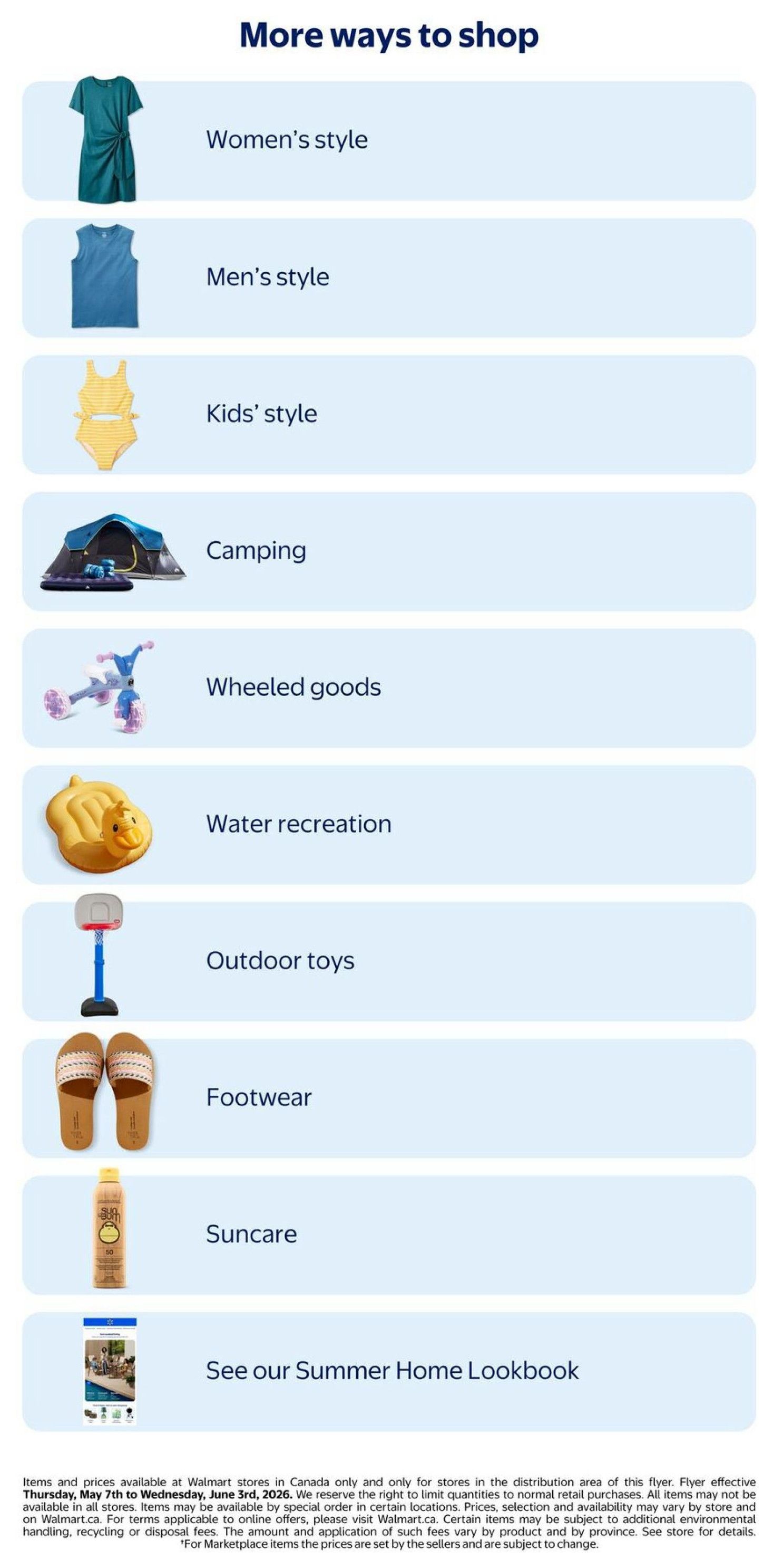 Walmart Canada flyer page 21, 'More ways to shop' section featuring various summer categories. Includes Women's style with a teal dress, Men's style with a blue t-shirt, Kids' style with a yellow striped bikini, Camping with a blue tent and sleeping bags, Wheeled goods with a blue tricycle, Water recreation with a yellow duck float, Outdoor toys with a basketball hoop, Footwear with a pair of brown slide sandals, and Suncare with a bottle of Sun Bum sunscreen. Also features a 'See our Summer Home Lookbook' section. Flyer valid from Thursday, May 7th to Wednesday, June 3rd, 2026.