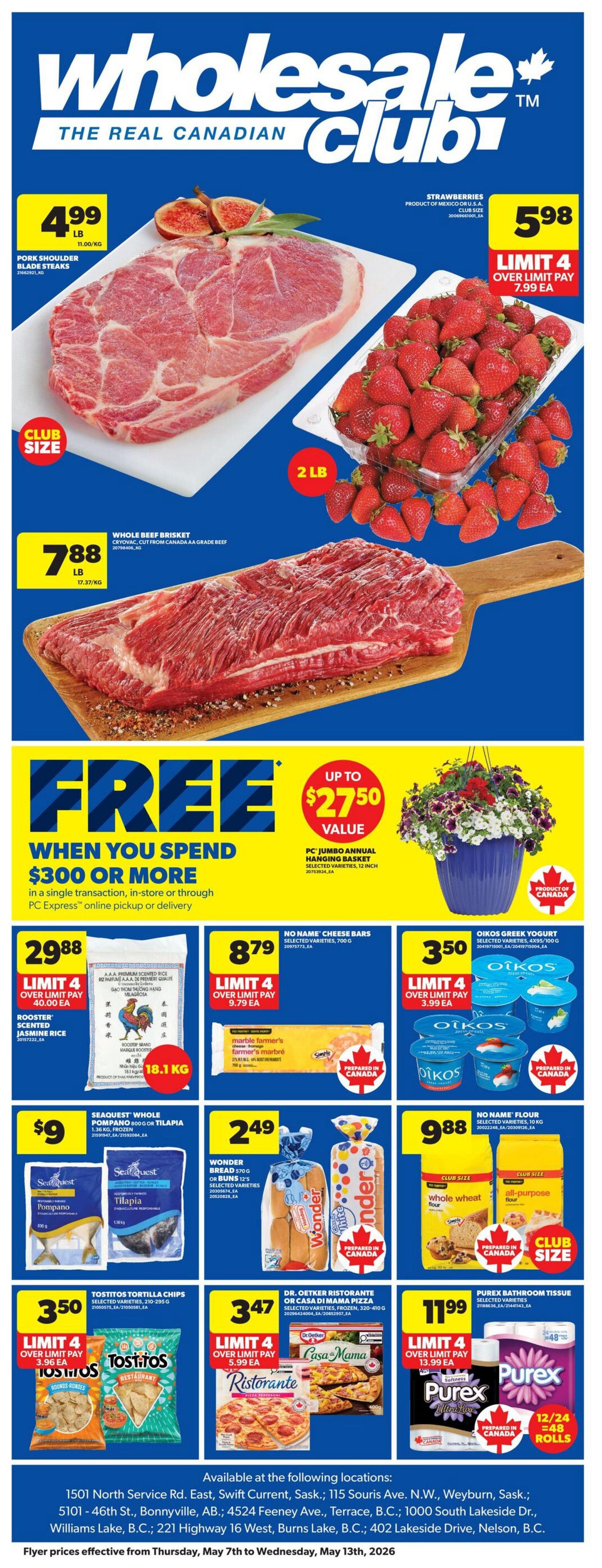 Wholesale Club flyer, May Hit of the Month features Marcangelo Chicken or Pork Souvlaki, selected varieties, 2 pack, 120g. Also available are Takis Rolled Tortilla Chips in Fuego and Blue Heat varieties, 260g. Kraft Miracle Whip, selected varieties, in 650ml or 890ml sizes is featured. Additionally, Head Men's or Women's Socks, 3 pack, are on sale. The flyer highlights Lowest Prices Best Deals, valid from May 1-31, 2026, while quantities last.