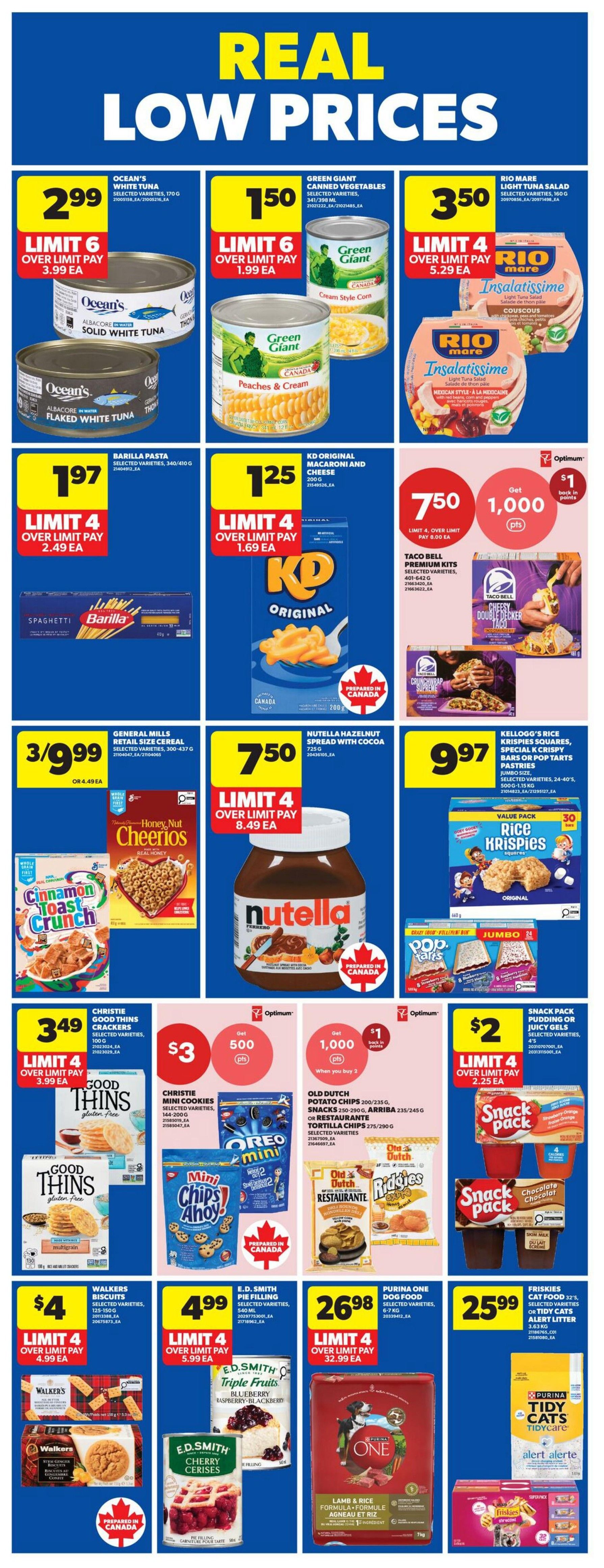 Wholesale Club weekly flyer specials page 4. Featured deals include Ocean's Solid White Tuna for $2.99, Green Giant Canned Vegetables for $1.50, and Rio Mare Insalatissime Light Tuna Salad for $3.50. Barilla Pasta is $1.97, and KD Original Macaroni and Cheese is $1.25. Get 1,000 Optimum points when you buy Taco Bell Premium Kits for $7.50. General Mills Cereal, including Cinnamon Toast Crunch and Cheerios, is 3 for $9.99. Nutella Hazelnut Spread is $7.50. Kellogg's Rice Krispies Squares and Pop Tarts are $9.97. Christie Good Thins Crackers are $3.49. Christie Mini Cookies and Oreo Mini are $3, with a bonus of 500 Optimum points. Old Dutch Potato Chips and Arriba Tortilla Chips are $1, with a bonus of 1,000 Optimum points when you buy 2. Snack Pack Pudding or Juicy Gels are $2. Walkers Biscuits are $4. E.D. Smith Pie Filling, in selected varieties, is $4.99. Purina One Dog Food, Lamb & Rice formula, is $26.98. Friskies Cat Food and Tidy Cats Litter are $25.99.