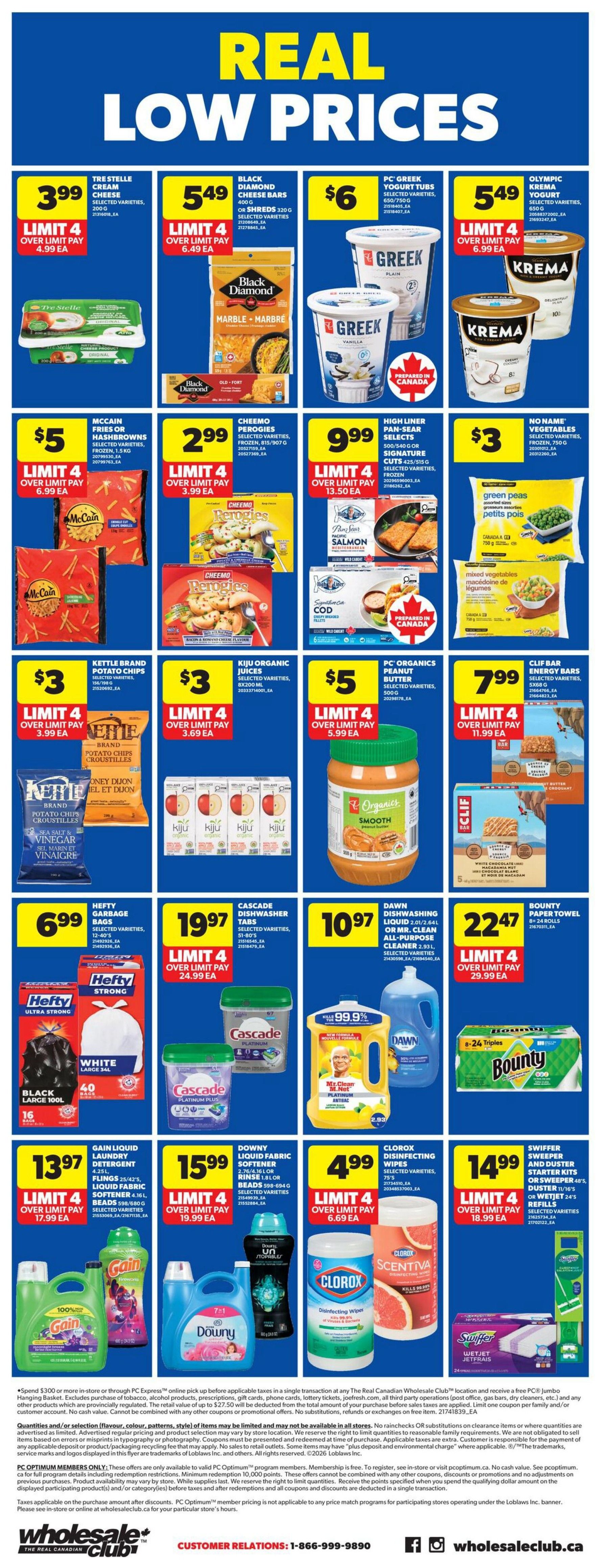Wholesale Club weekly flyer specials page 5. Featured products include Tre Stelle cream cheese for $3.99, Black Diamond cheese bars for $5.49, PC Greek yogurt tubs for $6, and Olympic Krema yogurt for $5.49. Also on sale are McCain fries or hashbrowns for $5, Cheemo perogies for $2.99, High Liner pan-sear selects for $9.99, and No Name vegetables for $3. Kettle Brand potato chips are $3, Kiju organic juices are $3, PC Organics peanut butter is $5, and Clif Bar energy bars are $7.99. Hefty garbage bags are $6.99, Cascade dishwasher tabs are $19.97, Dawn dishwashing liquid is $10.97, and Bounty paper towels are $22.47. Gain liquid laundry detergent is $13.97, Downy liquid fabric softener is $15.99, Clorox disinfecting wipes are $4.99, and Swiffer sweeper or duster kits are $14.99. Limit 4 on most items. Prices valid from May 7 to May 13, 2026.