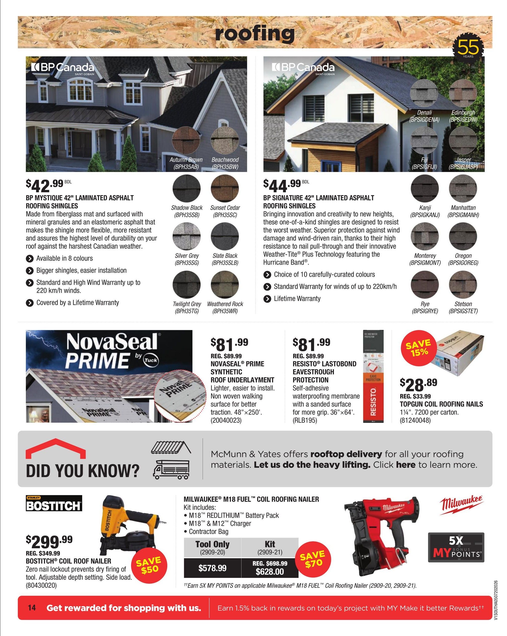 McMunn & Yates Building Supplies flyer page 14 features roofing products. Top left: BP Mystique 42' Laminated Asphalt Roofing Shingles are $42.99 per bundle, available in 8 colours including Autumn Brown, Beachwood, Shadow Black, Sunset Cedar, Silver Grey, Slate Black, Twilight Grey, and Weathered Rock. They offer bigger shingles, easier installation, and a standard and high wind warranty up to 220 km/h, covered by a lifetime warranty. Top right: BP Signature 42' Laminated Asphalt Roofing Shingles are $44.99 per bundle, featuring innovation and creativity with superior protection against wind damage and wind-driven rain, thanks to Weather-Tite Plus Technology. Available in 10 colours including Denali, Edinburgh, Fiji, Jasper, Kanji, Manhattan, Monterey, Oregon, Rye, and Stetson. They come with a standard warranty for winds up to 220 km/h and a lifetime warranty. Middle section: NovaSeal Prime by Tuck synthetic roof underlayment is $81.99, regularly $89.99. It is lighter, easier to install, and has a non-woven walking surface for better traction, measuring 48'x250'. Also featured is Resisto Lastobond Eavestrough Protection, a self-adhesive waterproofing membrane with a sanded surface for more grip, 36'x64', for $81.99, regularly $89.99. Save 15% on Topgun Coil Roofing Nails, 1 1/4', 7200 per carton, for $28.89, regularly $33.99. Bottom left: Bostitch Coil Roof Nailer is $299.99, regularly $349.99, with a $50 savings. It features zero nail lockout and adjustable depth setting. Bottom right: Milwaukee M18 Fuel Coil Roofing Nailer kit includes a battery pack, charger, and contractor bag for $628.00, regularly $698.99, saving $70. The tool-only option is $578.99. Earn 5X bonus My Points on applicable Milwaukee M18 Fuel Coil Roofing Nailer purchases. McMunn & Yates offers rooftop delivery for all roofing materials. The bottom banner promotes earning 1.5% back in rewards on today's project with My Make it Better Rewards.