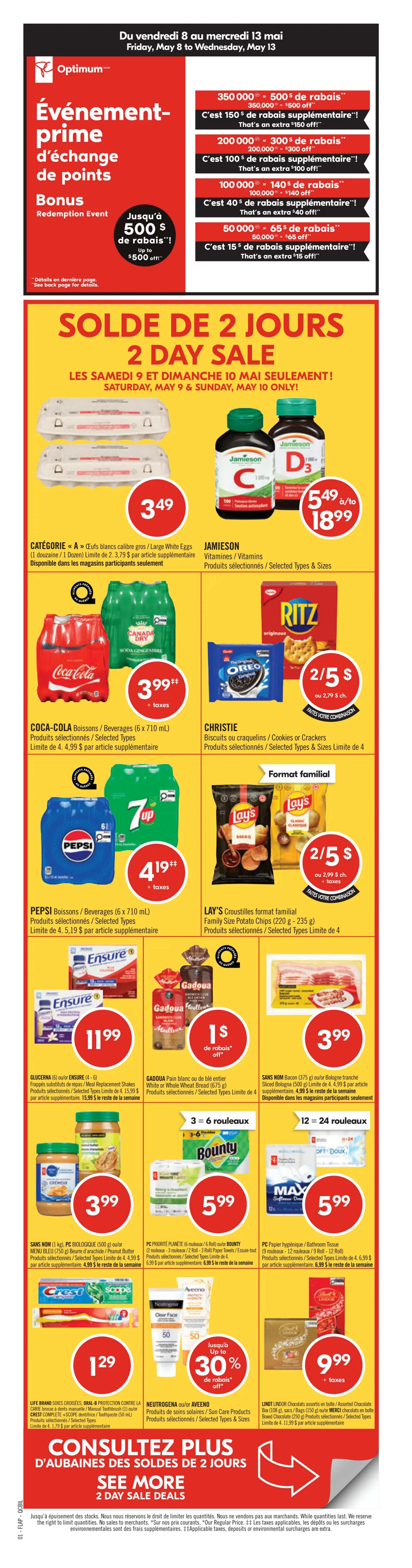 Pharmaprix Weekly Flyer Specials, Page 2. Featuring a 2-Day Sale on Saturday, May 9 & Sunday, May 10 only. Deals include Nutrilait Chocolate Milk (1 L) for $1.99, PC Natural Spring Water (24 x 500 mL) for 2 for $5 or $2.99 each, Lantic Granulated Sugar (2 kg) for $2.99, PC Single Serve Frozen Entrees for $3.99, and Colgate Max Fresh Toothpaste for $3.99. Also on sale are Herbal Essences Plantes Pures products for $7.99, Nivea Men Cool Kick Body Wash (500 mL) or Nivea Gel Douche for $3.99, and Olay Hand Soap or Mrs. Meyer's Body Wash for $5.99. Special offers for Mom include selected fragrance singles or gift sets for $19.99. Get up to 20% off Quo Beauty Cosmetic Brushes or Revlon Implements. Spend $30 on e.l.f. cosmetic products and get 5000 Optimum points, valued at $5. Get up to 25% off Dr Teal's Bath Products. Get up to 20% off Nuxe or Uriage Skin Care Products. Get up to 15% off Tree Hut Body Scrub (510 g). Get up to 20% off Vichy Lifactiv, Neovadiol Skin Care Sets or La Roche-Posay Physiological Skin Care Products. Get up to 20% off Avène Anti-Acne or Embryolisse Skin Care Products. Get up to 25% off Marcelle Skincare Inner Glow Serum Foundation. Buy selected Winky Lux Cosmetic Products. Get a bouquet of assorted roses for $25. While quantities last. No rainchecks.