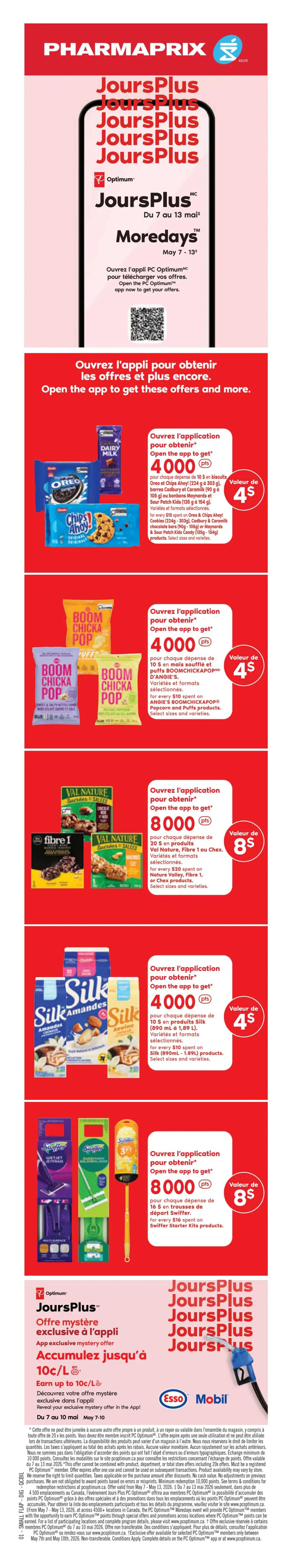 Pharmaprix weekly flyer specials valid May 9 to May 14. Page 4 features big brands and big savings. Candy selection includes Mamba Chewy, Haribo Gummy, or Werther's Original from 60g - 175g for $2.99. Oral care products include Colgate Optic White toothpaste (133 mL), Colgate Sensitive toothpaste (105 mL), or Tom's of Maine toothpaste for $6.99. New Crest 3D White Stain Eraser toothpaste (67 mL) is available. Also featured are Crest 3D White Stain Eraser toothpaste, Colgate 360 Complete toothbrush, or Oral-B battery toothbrush for $9.99. Philips shavers or grooming appliances are available with a 'Spend $50, get 10,000 Optimum points' offer, valued at $10. Body wash and hand wash products include Irish Spring body wash (591 mL) or Dial Foaming Hand Wash (221 mL) for $4.49. Hair care products include Every Man Jack or Head & Shoulders selected types and sizes for $9.99, excluding Premium, Clinical & Bare. Baby products include Q-Tips Cotton Swabs (400), WaterWipes (60), or Huggies baby wipes (56-64) for $5.49. Feminine hygiene products include Tampax Tampons (40), Always Pads (20-44), or U by Kotex Liners (68-120) for $8.99.