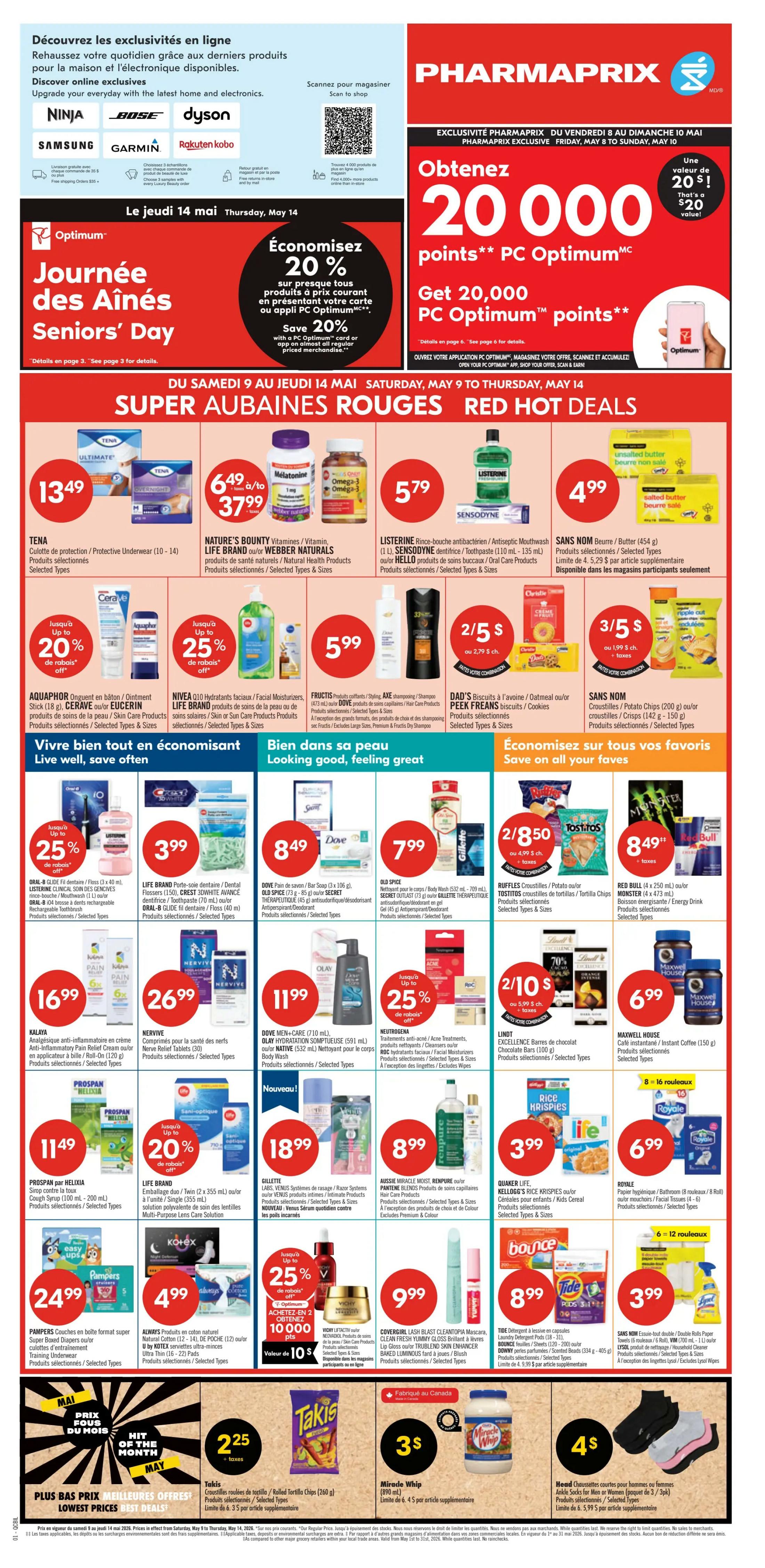 Pharmaprix flyer page 1 features a Bonus Redemption Event with up to $500 in bonus rewards. The 2-Day Sale runs Saturday, May 9 and Sunday, May 10. Featured products include: Large White Eggs for $3.49, Jamieson Vitamins for $5.49 to $18.99, Coca-Cola Beverages (6 x 710 ml) for $3.99, Oreo Cookies or Ritz Crackers 2 for $5, Pepsi Beverages (6 x 710 ml) for $4.19, Lay's Family Size Potato Chips (220 g - 235 g) 2 for $5, Glucerna or Ensure Meal Replacement Shakes for $11.99, Gadoua White or Whole Wheat Bread for $1, Sans Nom Bacon (375 g) for $3.99, PC Priorité Planète Paper Towels (6 rolls) or Bounty Paper Towels (12-24 rolls) for $5.99, PC Hygiène / Bathroom Tissue (9 rolls - 12 rolls) for $5.99, PC Biologique Peanut Butter (750 g) or Menu Bleu Peanut Butter (750 g) for $3.99, Crest Complete + Scope Toothpaste (150 ml) or Life Brand Toothbrushes for $1.29, Neutrogena or Aveeno Sun Care Products with up to 30% off, and Lindt Chocolate boxes for $9.99. The page also encourages customers to 'See More 2 Day Sale Deals.