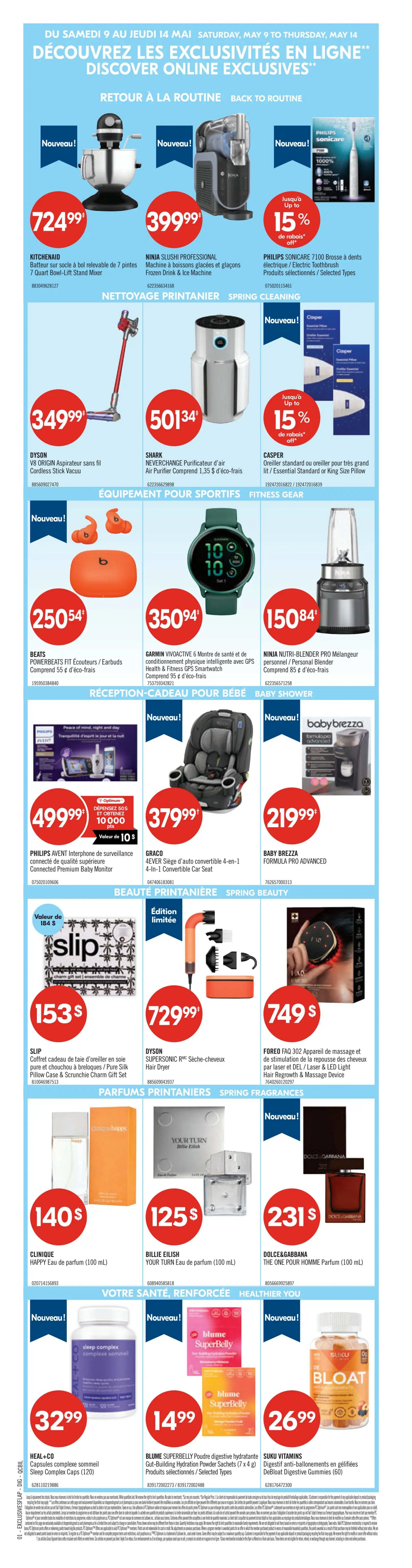 Pharmaprix weekly flyer specials page 6 features 'Back to Routine' items including the Kitchenaid 7 Quart Bowl-Lift Stand Mixer for $724.99, Ninja Slushi Professional Frozen Drink & Ice Machine for $399.99, and Philips Sonicare 7100 Electric Toothbrush with up to 15% off. Spring Cleaning deals include the Dyson V8 Origin Cordless Stick Vacuum for $349.99, Shark Neverchange Air Purifier for $501.34, and Casper Essential or King Size Pillow with up to 15% off. Fitness Gear includes Beats Powerbeats Fit Earbuds for $250.54, Garmin Vivomove 6 GPS Smartwatch for $350.94, and Ninja Nutri-Blender Pro for $150.84. Baby Shower gifts feature the Philips Avent Connected Premium Baby Monitor for $499.99, Graco 4-in-1 Convertible Car Seat for $379.99, and Baby Brezza Formula Pro Advanced for $219.99. Spring Beauty offers include the Slip Pure Silk Pillowcase & Scrunchie Charm Gift Set for $153, Dyson Supersonic Hair Dryer for $729.99, and Foreo FAQ 302 Massage & Hair Regrowth Device for $749. Spring Fragrances include Clinique Happy Eau de Parfum (100 mL) for $140, Billie Eilish Your Turn Eau de Parfum (100 mL) for $125, and Dolce & Gabbana The One for Him Eau de Parfum (100 mL) for $231. Healthier You section includes Heal+Co Sleep Complex Caps (120) for $32.99, Blume Superbelly Hydration Powder Sachets (7 x 4g) for $14.99, and Suku Vitamins DeBloat Digestive Gummies (60) for $26.99.