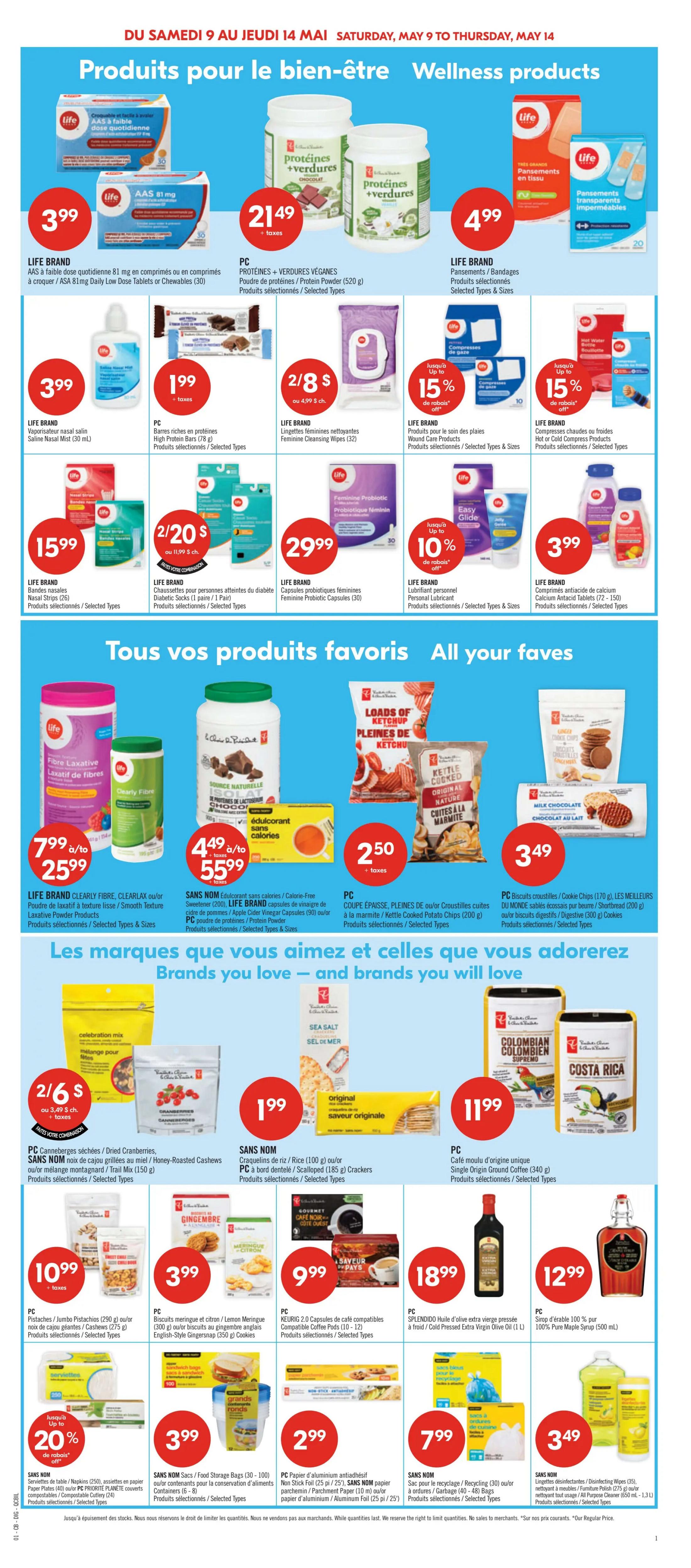 Pharmaprix Weekly Flyer Specials Page 16: Wellness products include LIFE BRAND AAS 81 mg Daily Low Dose Tablets or Chews (30) for $3.99, PC Protein + Vegetables Vegan Powder (520 g) for $21.49, and LIFE BRAND Bandages/Pansments for $4.99. Other wellness items on sale are LIFE BRAND Saline Nasal Mist (30 mL) for $3.99, PC High Protein Bars (78 g) for $1.99, LIFE BRAND Feminine Cleansing Wipes (32) for 2 for $8, and LIFE BRAND Wound Care Products with up to 15% off. Also featured are LIFE BRAND Nasal Sprays (26) for $15.99, LIFE BRAND Diabetic Socks (1 pair / 1 pack) for 2 for $20, LIFE BRAND Feminine Probiotic Capsules (30) for $29.99, and LIFE BRAND Personal Lubricant with up to 10% off. All Your Faves section includes LIFE BRAND Clearly Fibre Laxative Powder Products for $7.99 to $25.99, SANS NOM Calorie-Free Sweetener (200 g) for $4.49 to $55.99, PC Kettle Cooked Potato Chips (200 g) for $2.50, and PC Cookies/Choc Chips (170 g) for $3.49. Brands You Love section features PC Dried Cranberries, SANS NOM Cashews/Trail Mix (150 g) for 2 for $6, SANS NOM Crackers (185 g) for $1.99, and PC Single Origin Ground Coffee (340 g) for $11.99. Additional items include PC Ginger Snaps/Lemon Meringue Cookies for $3.99, PC Keurig Coffee Pods (10-12) for $9.99, SPLENDIDO Cold Pressed Extra Virgin Olive Oil (1 L) for $18.99, and 100% Pure Maple Syrup (500 mL) for $12.99. Finally, there are LIFE BRAND Napkins (250) or PC Food Storage Bags (30-100) for $3.99, SANS NOM Aluminum Foil (25 pi / 25') for $2.99, and SANS NOM Disinfecting Wipes (35) for $3.49.