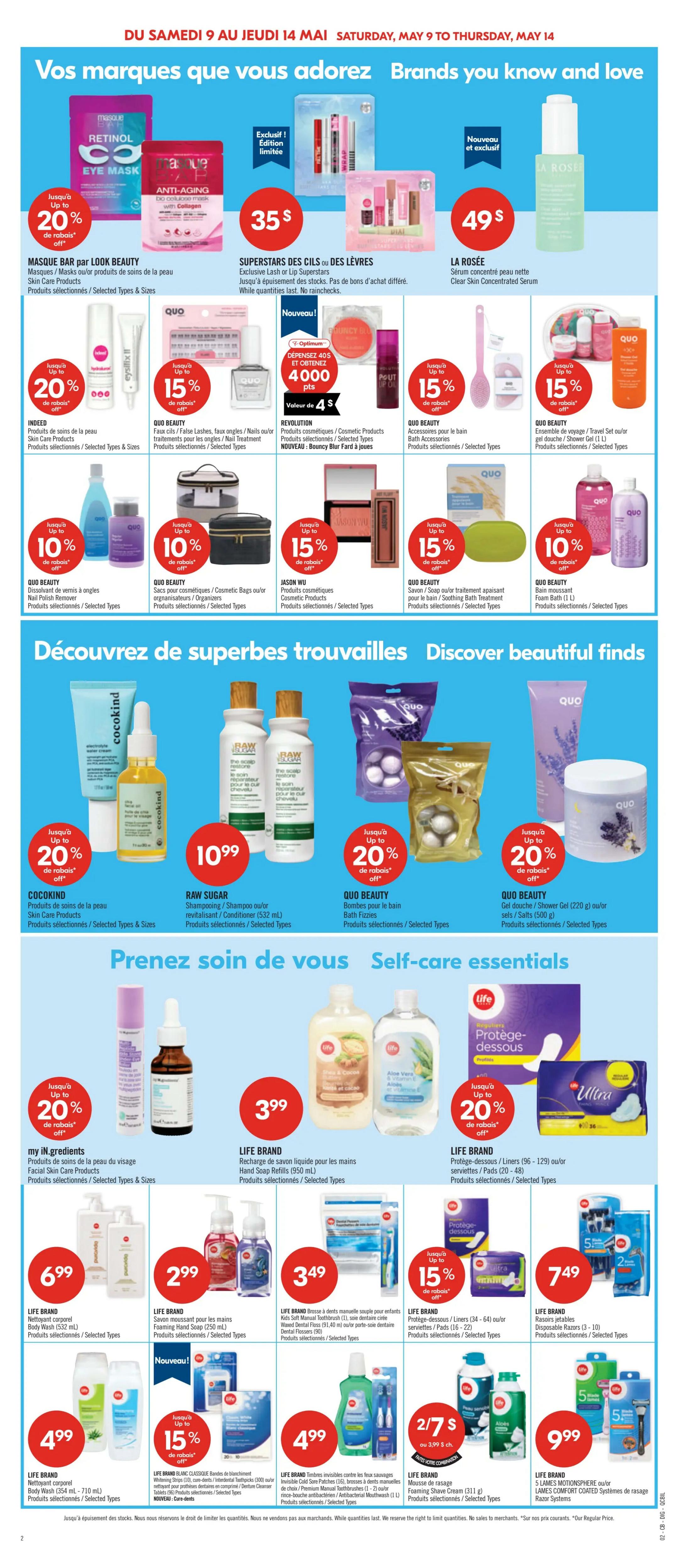 Pharmaprix weekly flyer specials page 17 features 'Brands You Know and Love' and 'Discover Beautiful Finds' sections. Top offers include Masques Bar by Look Beauty masks/skin care products with up to 20% off, Superstars Lash or Lip Superstars for $35, and La Rosée Clear Skin Concentrated Serum for $49. Also featured are Indeede Skin Care Products with up to 20% off, QUO Beauty nail products with 15% off, Revolution cosmetic products with 4000 Optimum points when you spend $4, QUO Beauty bath accessories with 15% off, and QUO Beauty travel sets or shower gel with 15% off. Discover more with Cocokind skin care products at $10.99, Raw Sugar shampoo or conditioner at $10.99, QUO Beauty bath fizzies with up to 20% off, and QUO Beauty shower gel or salts with up to 20% off. Self-care essentials include my IN.gredients facial skin care products with up to 20% off, Life Brand hand soap refills for $3.99, and Life Brand panty liners or pads with up to 20% off. Additional offers include Life Brand body wash for $6.99, Life Brand foaming hand soap for $2.99, Life Brand kids' safe toothpaste, dental floss, and mouthwash for $3.49, Life Brand protective liners or pads with 15% off, Life Brand disposable razors for $7.49, Life Brand cold/flu relief products for $4.99, Life Brand timberless toothbrushes or denture cleaner for $4.99, and Life Brand foaming shave cream for $9.99.99. All offers are valid from Saturday, May 9 to Thursday, May 14, while quantities last.