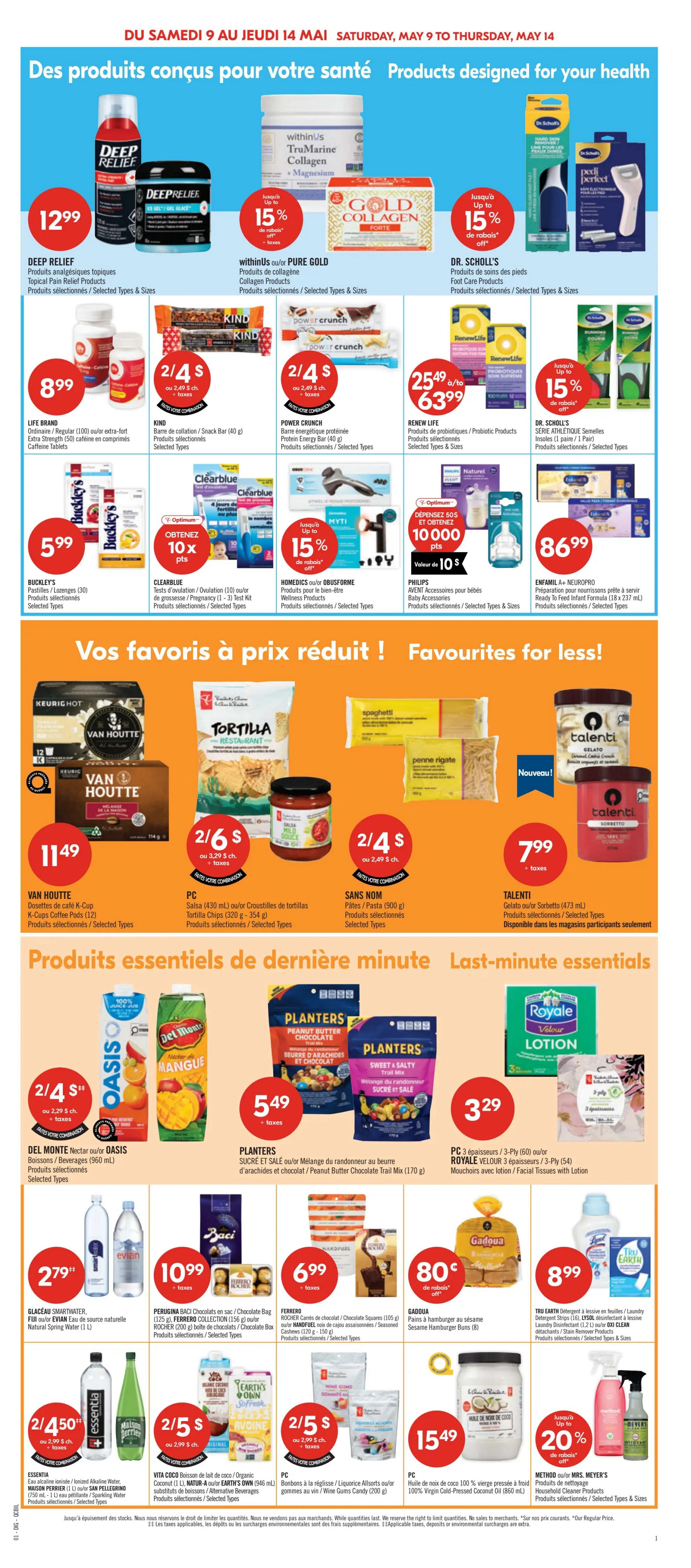 Pharmaprix weekly flyer specials page 18, featuring products designed for your health. Top section includes Deep Relief topical pain relief products for $12.99, withinUs TruMarine Collagen + Magnesium with up to 15% off, and Dr. Scholl's foot care products with up to 15% off. Also featured are Life Brand ordinary or extra-strength caffeine tablets for $8.99, Kind bars for 2 for $4, Power Crunch protein energy bars for 2 for $4, Renew Life Probiotic products for $25.49 to $63.99, and Dr. Scholl's athletic insoles for up to 15% off. Other health items include Buckley's cough and cold liquids for $5.99, Clearblue ovulation or pregnancy tests with 10x Optimum points, Homedics or Obusforme health products, and Philips Avent baby accessories. The middle section highlights 'Your favourites for less!' with Van Houtte K-Cup coffee pods for $11.49, PC Salsa or Tortilla chips for 2 for $6, Sans Nom pasta for 2 for $4, and Talenti gelato or sorbetto for $7.99. The bottom section showcases 'Last-minute essentials' with Del Monte Nectar or Oasis beverages for 2 for $4, Planters trail mix for $5.49, PC 3-ply or Royale Velour 3-ply facial tissues for $3.29. Additional items include Glacéau Smartwater for $2.79, Perugina Baci chocolates or Ferrero Collection for $10.99, Rocher or Handful chocolates for $6.99, Gadoua hamburger buns for 80 cents off, and Tru Earth laundry detergent for $8.99. Further down, Essentia alkaline water or San Pellegrino sparkling water for 2 for $4.50, Vita Coco organic coconut milk for 2 for $5, PC liquorice or gummy candies for 2 for $5, 100% Virgin Cold-Pressed Coconut Oil for $15.49, and Method or Mrs. Meyer's household cleaning products with up to 20% off.
