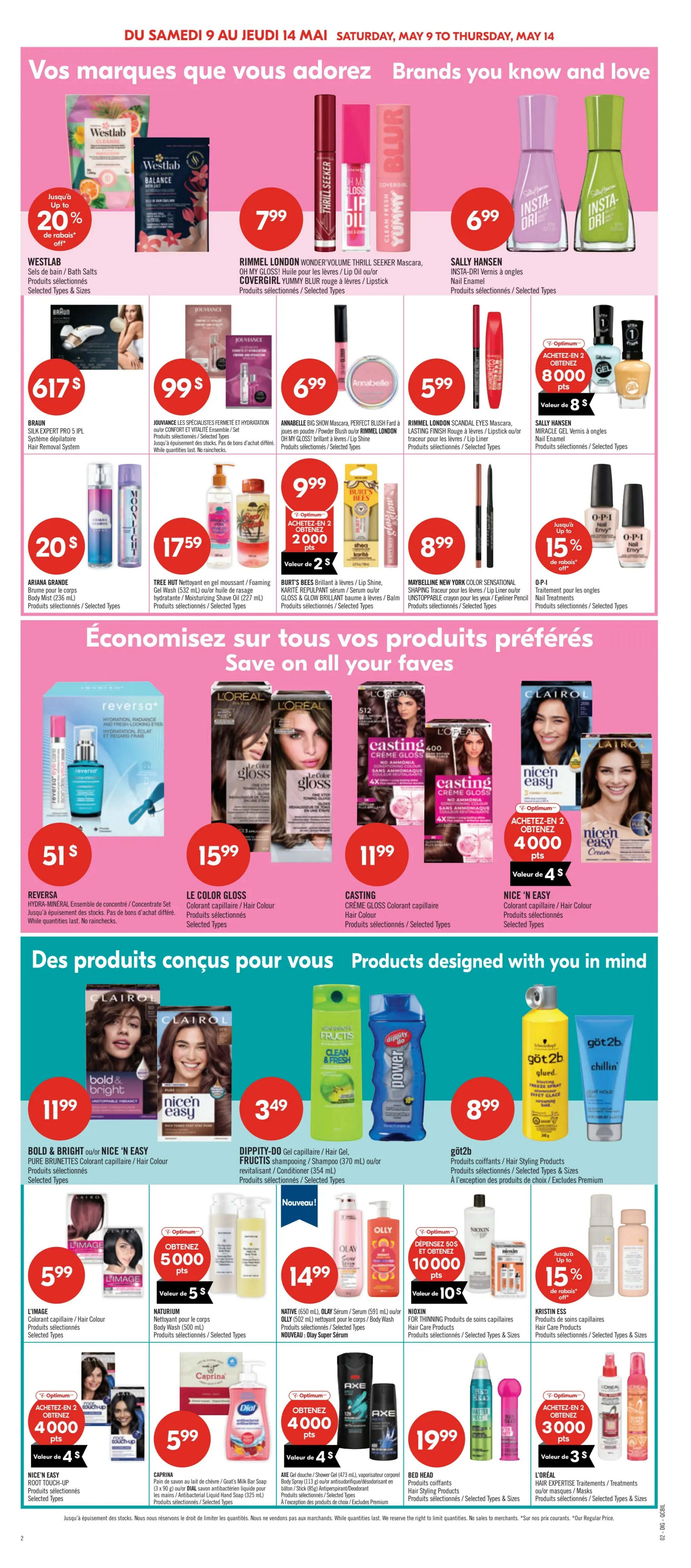 Pharmaprix weekly flyer specials page 19 features a wide array of beauty and personal care products. Top deals include Westlab Bath Salts for $20 with up to 20% off, Rimmel London Wonder Volume Thrill Seeker Mascara and Covergirl Yummy Blur Lipstick for $7.99, and Sally Hansen Insta-Dri Nail Enamel for $6.99. Other featured items are Braun Silk Expert Pro 5 IPL Hair Removal System for $617, Jouvance Comfort and Vitality Set for $99, Annabelle Big Show Mascara and Rimmel London Scandal Eyes Mascara for $5.99, and Maybelline New York Color Sensational Lipstick for $8.99. O-P-I Nail Treatments are on sale for up to 15% off. Save on your favourites with L'Oréal Casting Creme Gloss hair colour for $15.99, Nice 'n Easy hair colour for $11.99, and Reversa Hydra-Mineral Concentrate Set for $51. The page also highlights Bold & Bright or Nice 'n Easy hair colour for $11.99, Dippity-Doo Gel Shampoo/Conditioner for $3.49, and got2b styling products for $8.99. Additional offers include L'Image hair colour for $5.99, NatuRium Body Wash for $17.59, Native, Olay Serum, and Olly Body Wash for $14.99, and Nioxin hair care products. Kristin Ess hair care products are also featured. Save 4000 points (value $4) when buying 2 Axe Shower Gel or Bed Head styling products, priced at $19.99. Pharmaprix also offers 5000 points (value $5) on NatuRium Body Wash, 10000 points (value $10) on Nioxin products, and 4000 points (value $4) on L'Oréal Expertise treatments.
