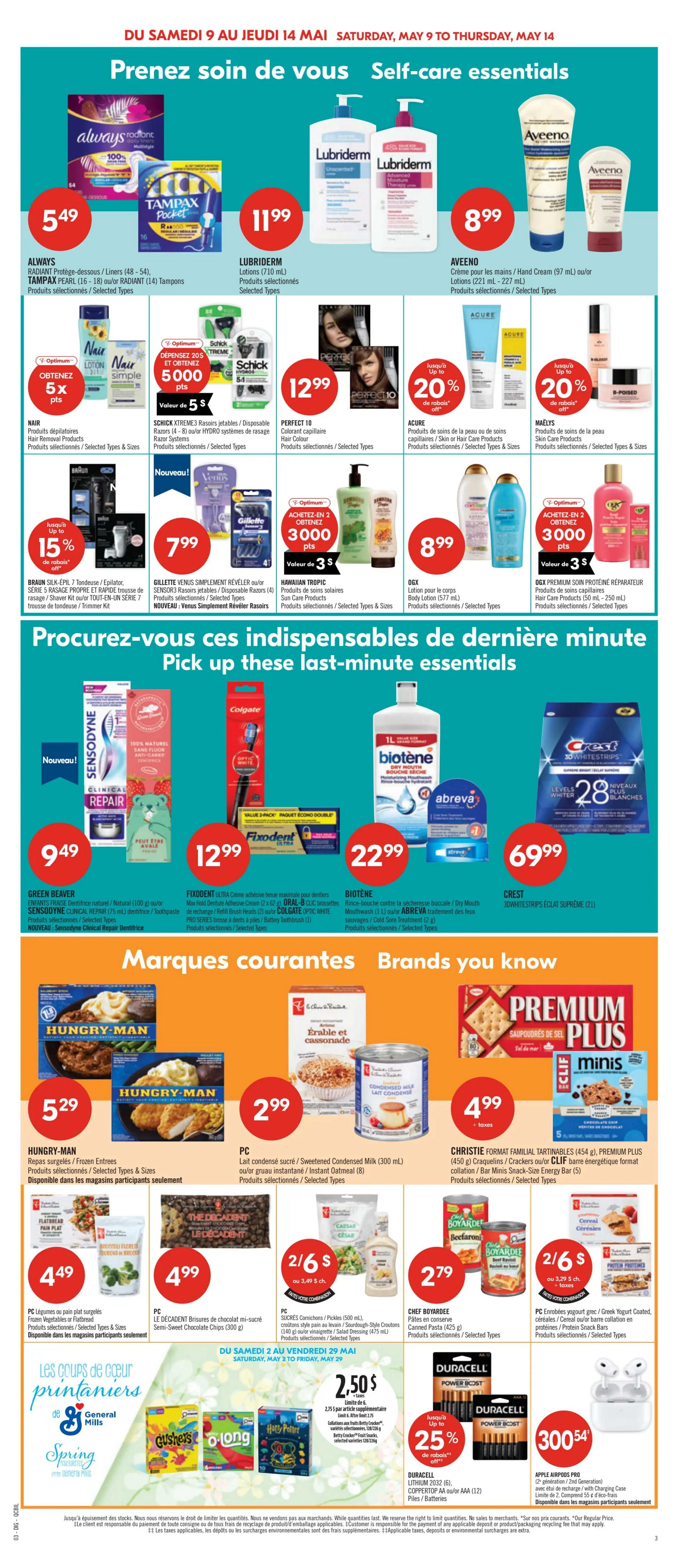 Pharmaprix Weekly Flyer Specials, Page 20 of 21. This page features 'Self-care essentials' and 'Brands you know'. Top section includes Always Radiant pads for $5.49, Tampax Pocket for $11.99, Lubriderm Lotions (710 mL) for $11.99, and Aveeno Hand Cream (97 mL) or Lotions (221 mL - 227 mL) for $8.99. Also featured are Nair Hair Removal Products, Schick Xtreme3 Razors with 5000 Optimum Points (value of $5), Perfect 10 Hair Colour for $12.99, Acure Skin Care Products with up to 20% off, and Maelys Skin Care Products with up to 20% off. Other items include Braun Silk-Epil 7 epilator or razor kit for up to 15% off, Gillette Venus Simply Refine or Simply Venus razors for $7.99, Hawaiian Tropic Sun Care Products with 3000 Optimum Points (value of $3), and OGX Body Lotion (577 mL) or Hair Body Lotion for $8.99. The next section, 'Pick up these last-minute essentials', showcases Green Beaver Toothpaste for $9.49, Fixodent Adhesive Cream (2 x 62 g) or Oral-B Glide Floss (50 m) for $12.99, Biotene Dry Mouth Mouthwash (1 L) for $22.99, and Crest 3D White Strips for $69.99. The 'Brands you know' section highlights Hungry-Man Entrees for $5.29, PC Sweetened Condensed Milk (300 mL) or Instant Oatmeal (8) for $2.99, Christie Family Format Crackers or Premium Plus Snack-Size Energy Bars for $4.99, PC Frozen Vegetables or Frozen Salad Dressing for $4.49, PC Semi-Sweet Chocolate Chips (300 g) for $4.99, PC Smoothies or Salad Dressing for $2.99 (2 for $6), and Chef Boyardee Pasta (425 g) for $2.79. Also featured are PC Greek Yogurt Coated Cereals or Creamy Caesar Dressing for $2.99 (2 for $6). The bottom section, 'Spring General Mills', includes Duracell Batteries with up to 25% off and Apple AirPods Pro (2nd Generation) for $300.54.