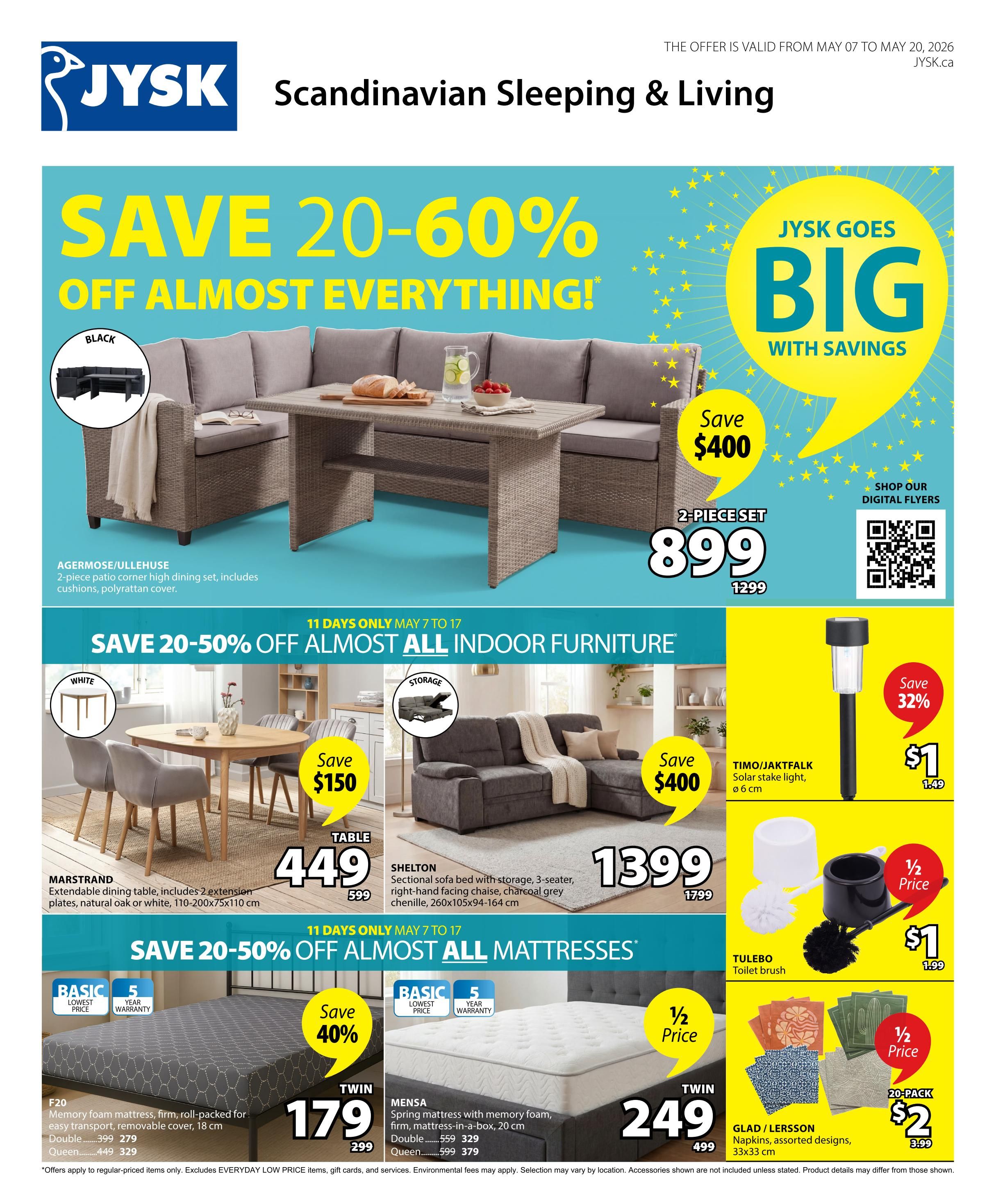 Jysk flyer featuring a 'Save 20-60% Off Almost Everything' sale. The top section showcases the AGERMOSE/ULLEHUSE 2-piece patio corner high dining set for $899 (originally $1299). Below, save 20-50% off all indoor furniture includes the MARSTRAND extendable dining table for $449 (originally $599) and the SHELTON sectional sofa bed with storage for $1399 (originally $1799). Also featured are TIMO/JAKTFALK solar stake lights at 1/2 price for $1 (originally $1.49) and TULEBO toilet brushes at 1/2 price for $1 (originally $1.99). The bottom section highlights 'Save 20-50% Off Almost All Mattresses' with the F20 memory foam mattress (twin) for $179 (originally $299) and the MENSA spring mattress (twin) for $249 (originally $499). Additionally, GLAD/LERSSON napkins (20-pack) are 1/2 price for $2 (originally $3.99).
