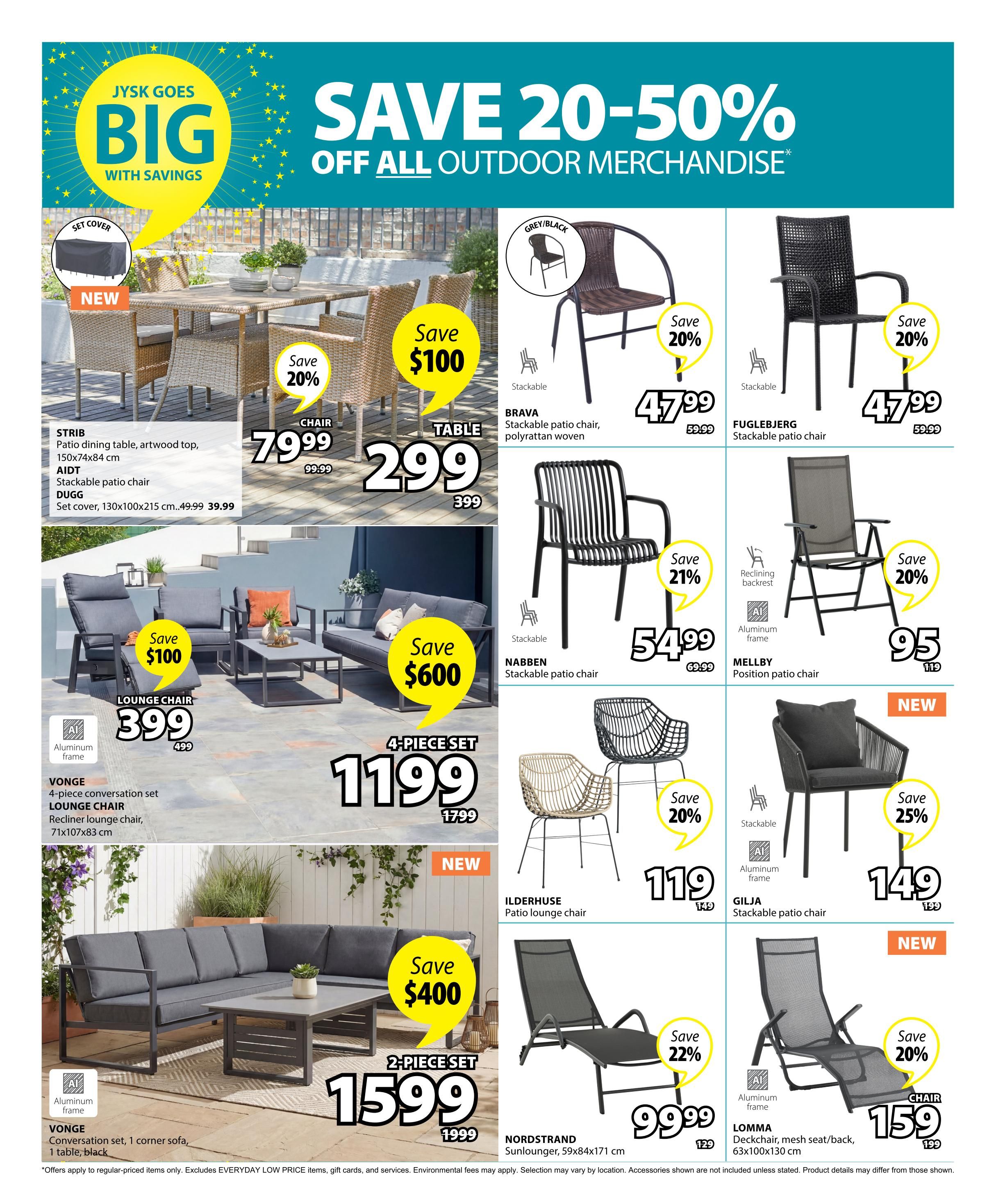 Jysk flyer page 5 features 'Save 20-50% Off All Outdoor Merchandise'. The STRIB patio dining table is $79.99 (save 20%) and the matching AIDT stackable patio chair is $299.99. A DUGG set cover is available for $39.99. The VONGE 4-piece conversation set lounge chair is $399, with a recliner lounge chair measuring 71x107x83 cm. The VONGE 4-piece conversation set, including 1 corner sofa and 1 table, is $1599. The BRAVA stackable patio chair in grey/black is $47.99 (save 20%). The FUGLEBJERG stackable patio chair is also $47.99 (save 20%). The NABBEN stackable patio chair is $54.99 (save 21%). The MELLBY position patio chair with aluminum frame is $95 (save 20%). The ILDERHUSE patio lounge chair is $119 (save 20%). The GILJA stackable patio chair is $149 (save 25%). The NORDSTRAND sunlounger, 59x84x171 cm, is $99.99 (save 22%). The LOMMA deckchair with mesh seat/back, 63x100x130 cm, is $159 (save 20%). A new 4-piece set is also featured for $1199.
