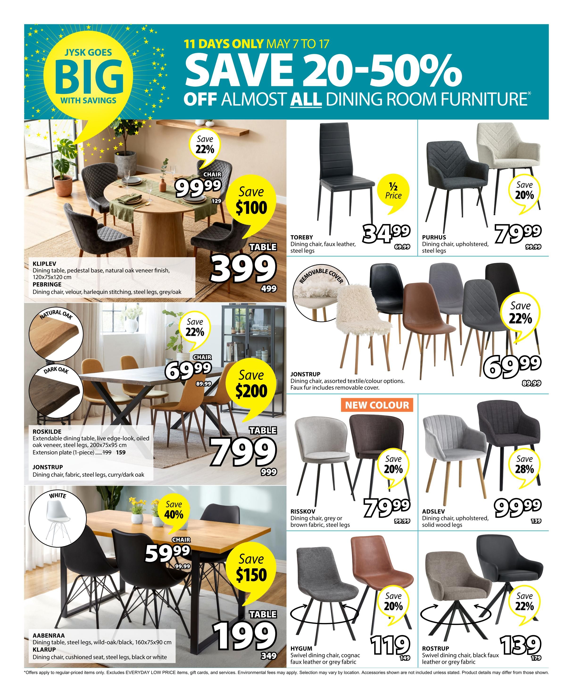 Jysk flyer page 13 features savings of 20-50% off almost all dining room furniture from May 7 to May 17. Featured items include the KLIPPLEV dining table for $399 (save $100), originally $499, and PEBRINGE dining chairs for $99.99 (save 22%), originally $129. The ROSKILDE extendable dining table is $799 (save $200), originally $999, with JONSTRUP dining chairs in curry/dark oak for $69.99. The AABENRAA dining table is $199, originally $349, and KLARUP dining chairs in white, black, or grey are $59.99 (save 40%), originally $99.99. Also on sale are TOREBY dining chairs for $34.99 (half price), originally $69.99; PURHUS upholstered dining chairs for $79.99, originally $99.99; JONSTRUP upholstered dining chairs in assorted colours for $69.99 (save 22%), originally $89.99; RISSKOV dining chairs for $79.99, originally $99.99; ADSLEY upholstered dining chairs for $99.99, originally $139; HYGUM swivel dining chairs for $119, originally $149; and ROSTRUP swivel dining chairs for $139, originally $179.